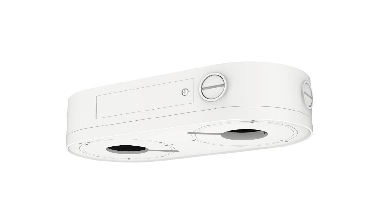 Weiße deckengestützte Dual-Objektiv-Sicherheitskamera mit rechteckigem Sensorfeld und kreisförmigem Seitenverstellrad.