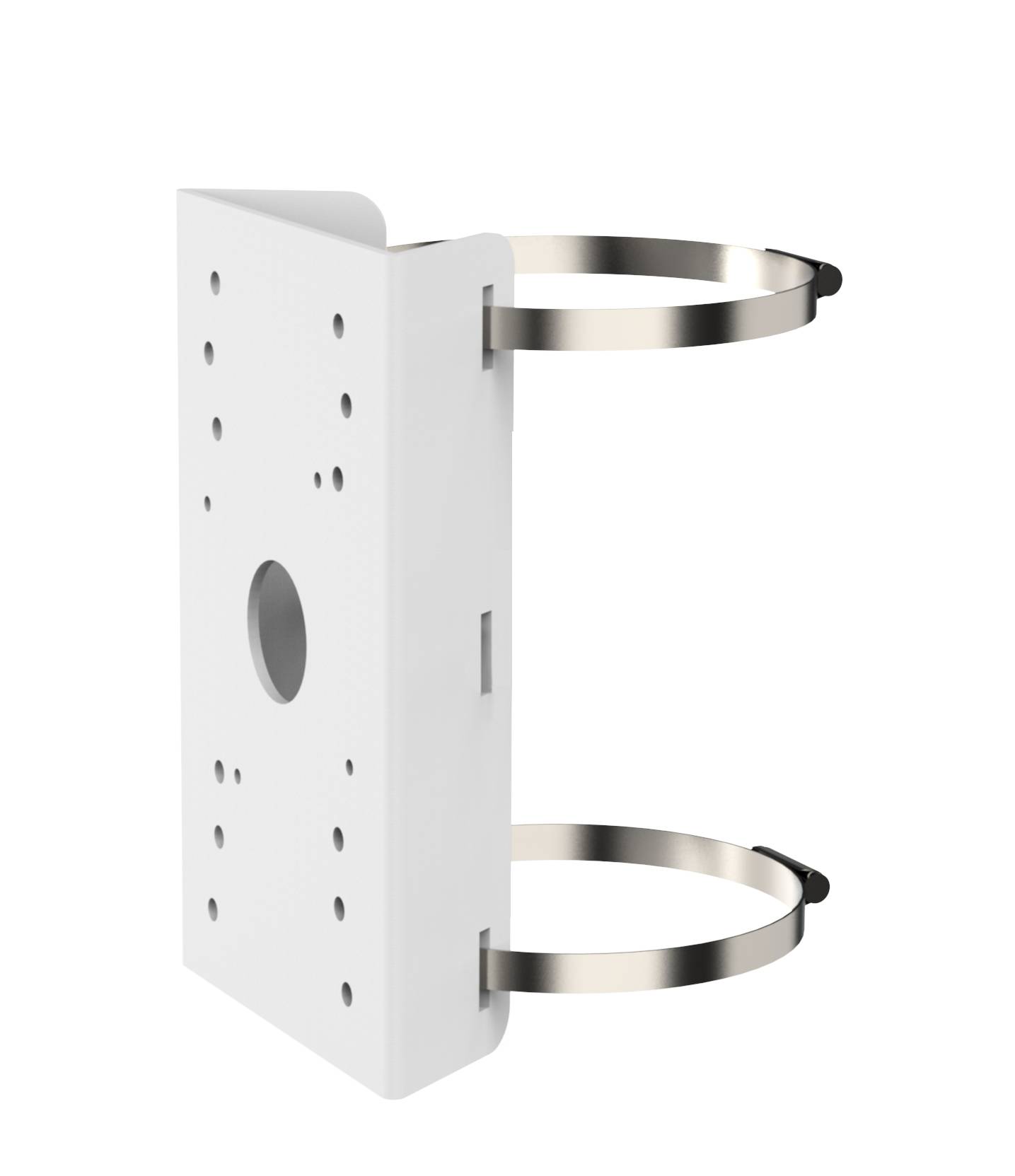 Weißes Metall-Wandhalter mit zwei kreisförmigen Riemenringen und mehreren Schraubenlöchern, dargestellt auf einem einfachen Hintergrund.