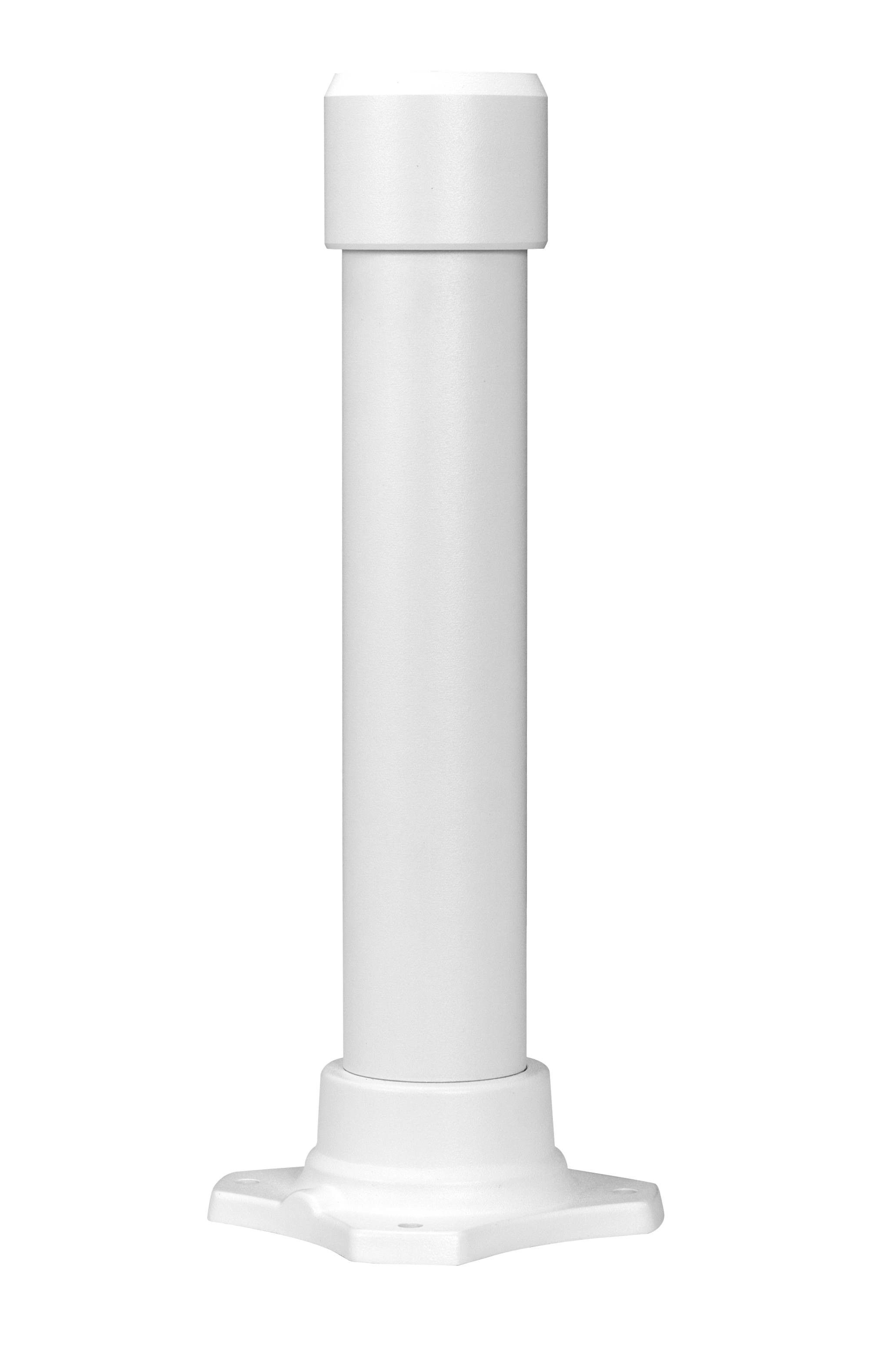 Weiße zylindrische Säule oder Rohr, das auf einer ausgestellten Basis montiert ist und gegen einen einfachen Hintergrund dargestellt wird.
