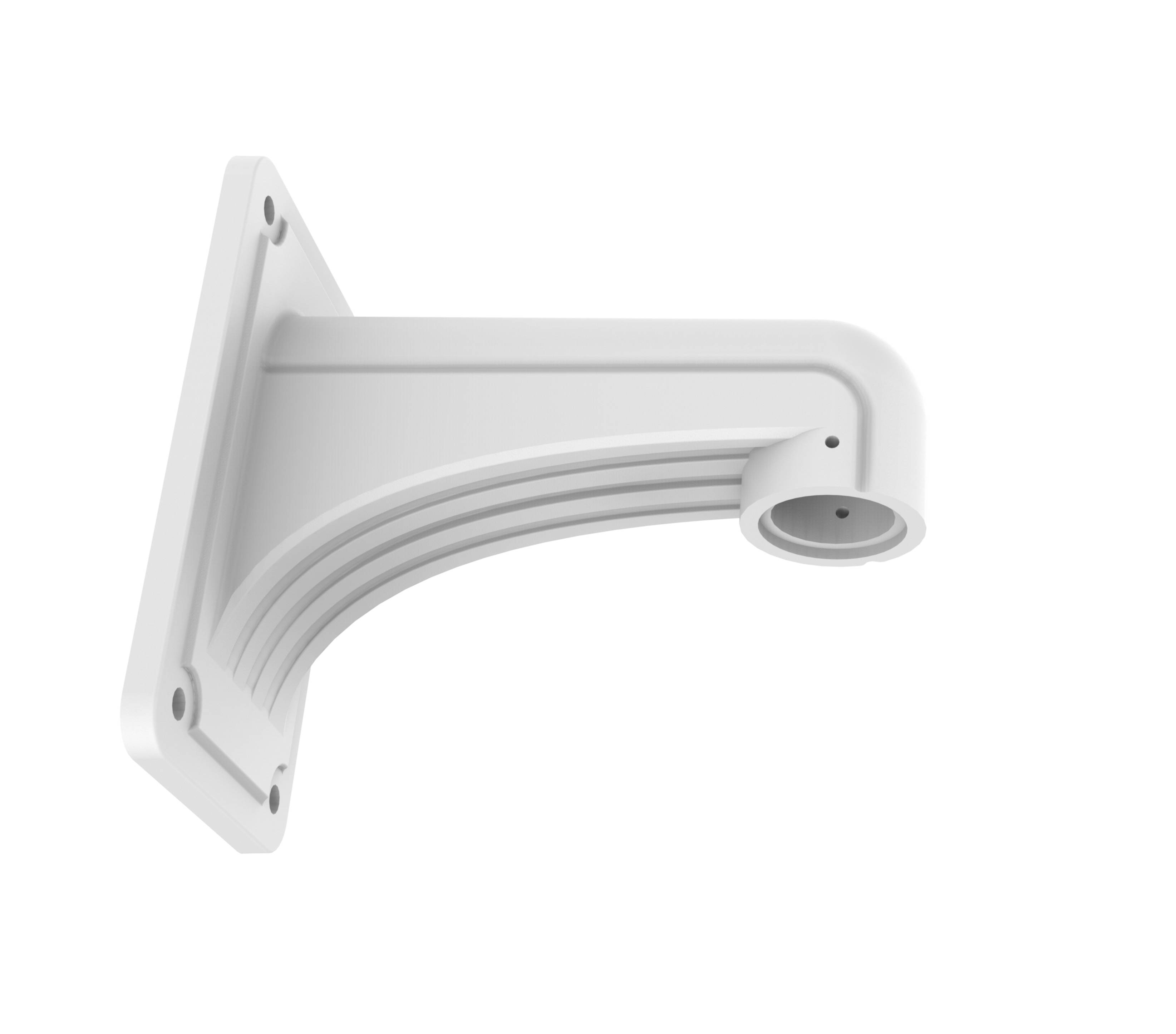 Weiße Metall-Wandhalterung mit gebogenem Arm und kreisförmiger Endöffnung, auf einfachem Hintergrund dargestellt.