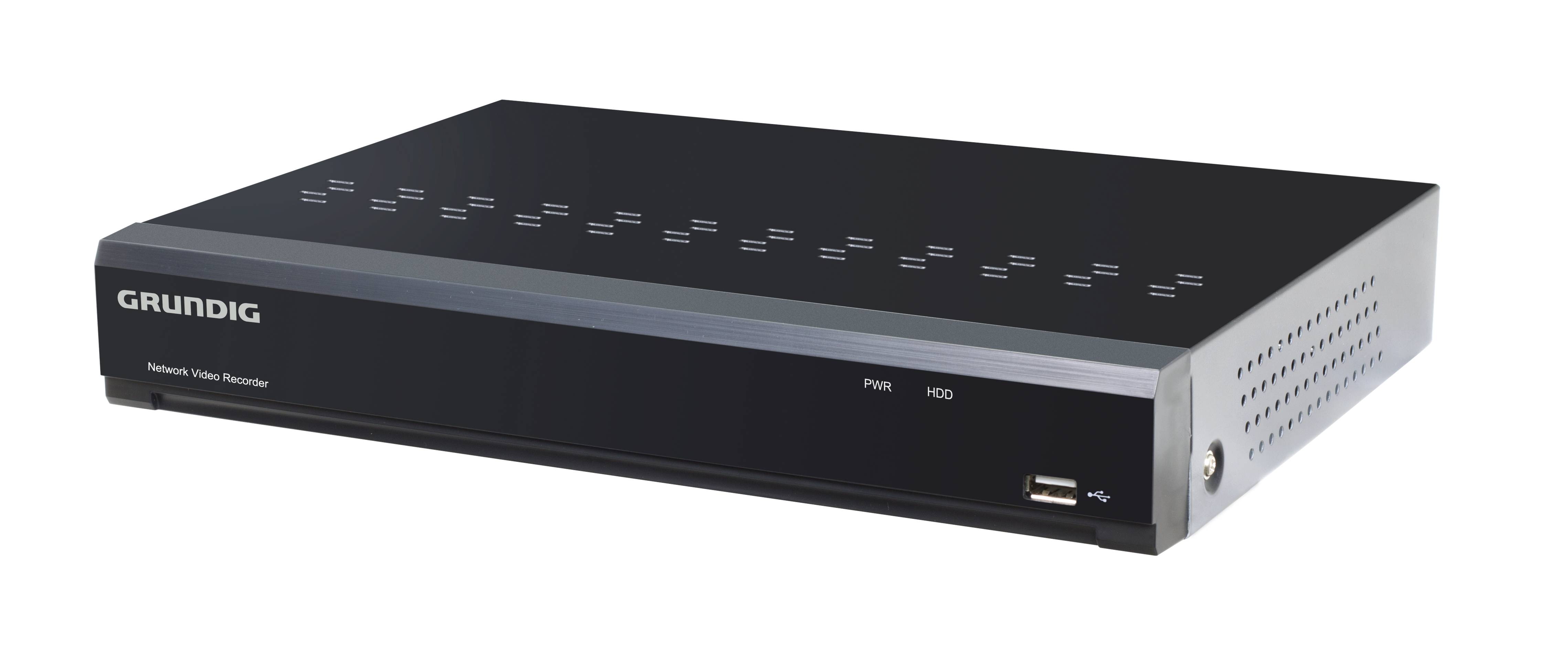 Schwarzes Grundig-Elektronikgerät mit frontaler Anzeige und USB-Anschluss, dargestellt in einer angewinkelten Produktansicht auf weißem Hintergrund.