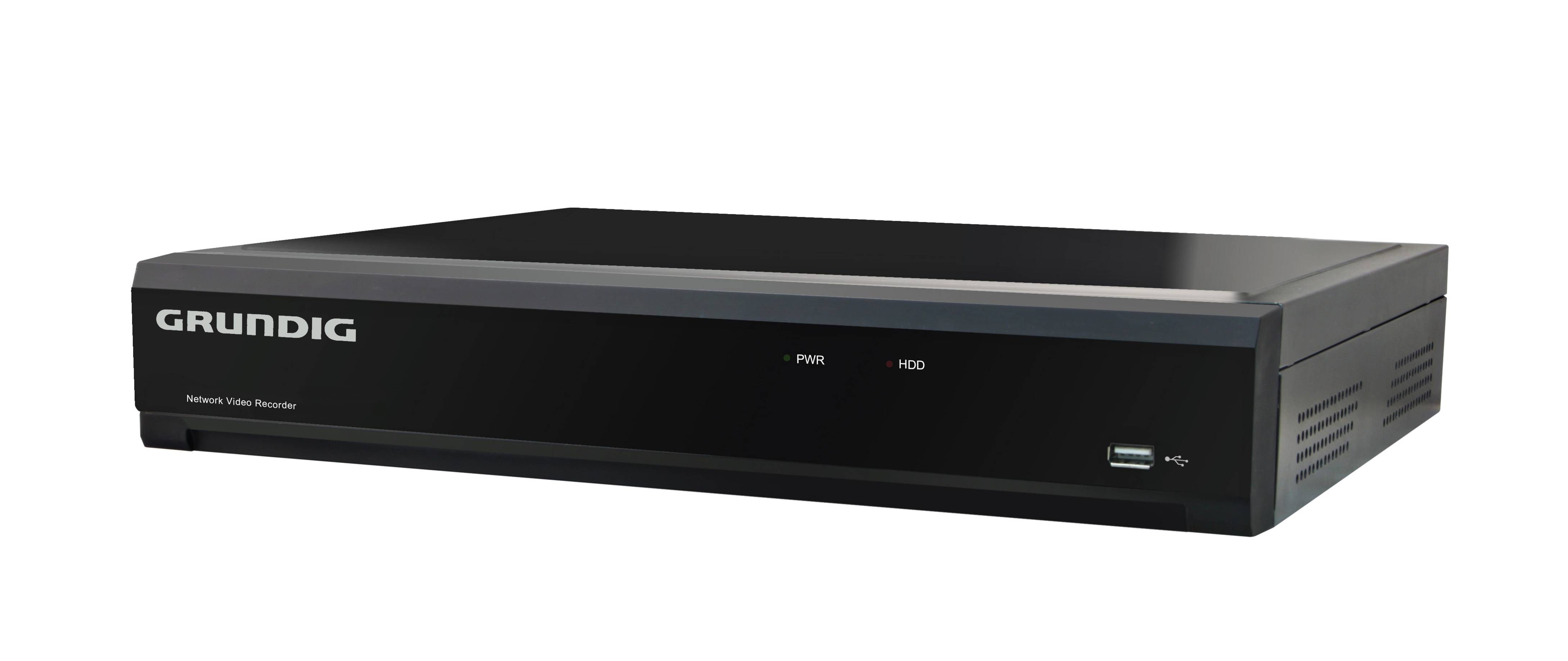 Schwarzer Grundig-Mediaplayer oder Set-Top-Box, dargestellt in einer Vorderansicht von links im Winkel mit einem kleinen USB-Anschluss auf der Frontplatte.