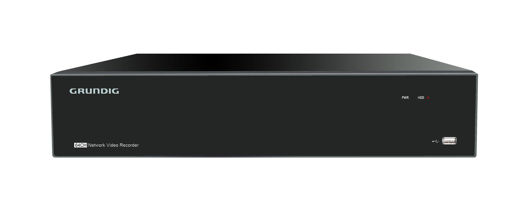 Schwarzer Grundig Netzwerk-Videorecorder mit Frontpanel, mit Stromversorgung/Statusanzeigeleuchten und USB-Anschluss auf der rechten Seite.