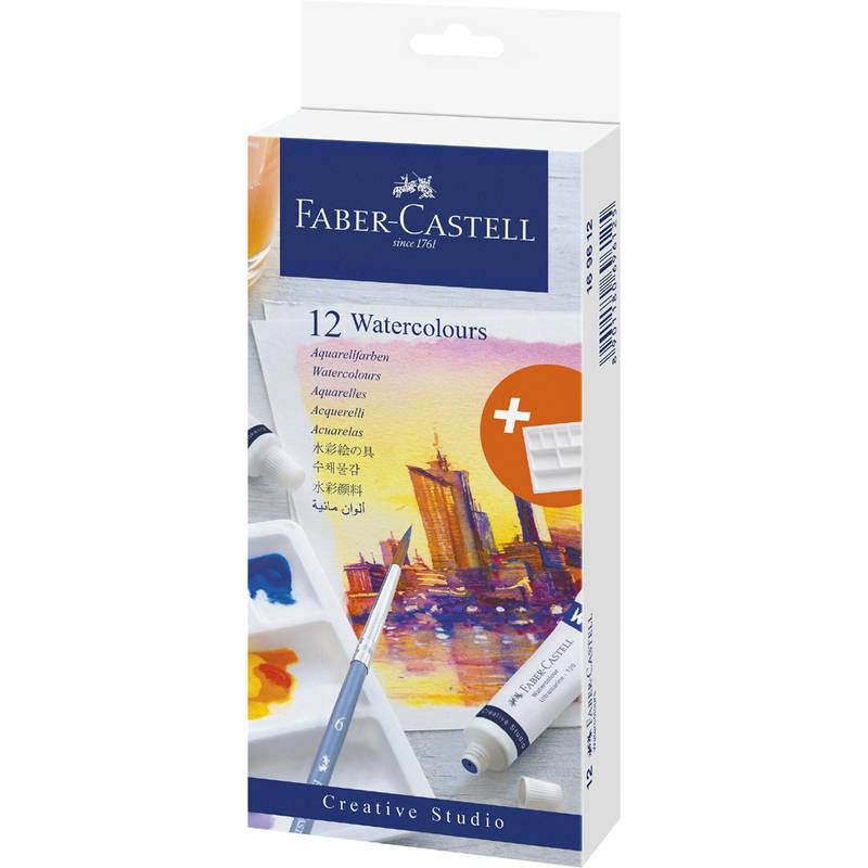Schachtel mit Faber-Castell Creative Studio Aquarellfarben mit 12 Farben und einem Pinsel, mit einer Illustration einer Stadtlandschaft.