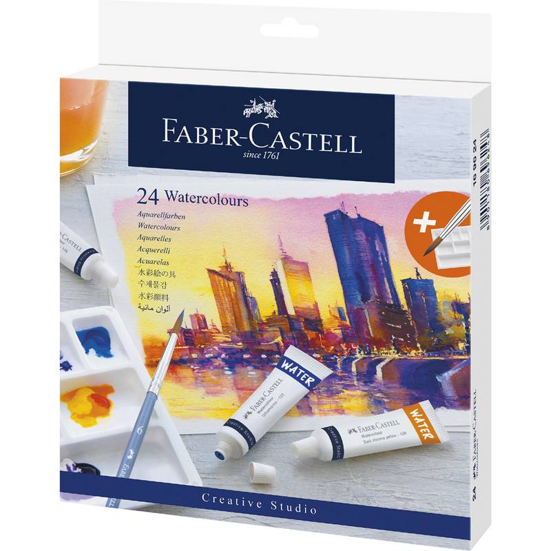 Faber-Castell Creative Studio 24er Aquarellfarben-Kastenset mit Farbtuben, Pinsel, Palette und farbenfrohem Stadtlandschaftskunstwerk.