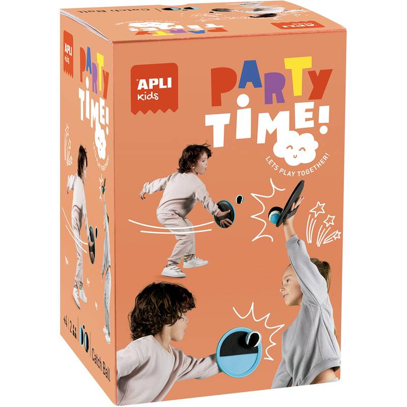 Orange APLI Kids 'Party Time!' Spielschachtel mit Fotos von Kindern, die Paddleball spielen, und dem Text 'Lass uns zusammen spielen'.
