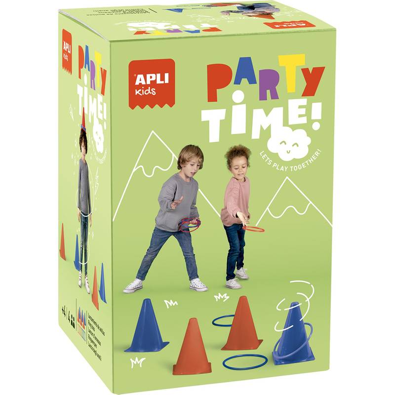 Verpackung eines Kinderspiels zeigt zwei Kinder, die Ringwerfen mit blauen Ringen und roten Kegeln spielen. Der Text lautet: 