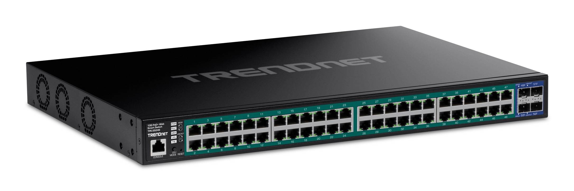 Schwarzer TRENDnet Netzwerk-Switch mit 24 Ethernet-Ports und 2 Uplink-Ports, dargestellt in geneigter Vorderansicht.
