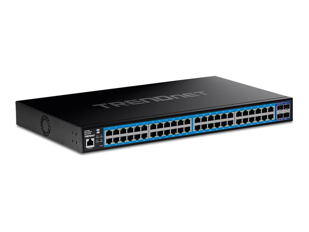 Schwarzer TRENDnet Rack-Netzwerk-Switch mit 48 Ethernet-Anschlüssen und einem vorderen Statusfeld, dargestellt auf weißem Hintergrund.