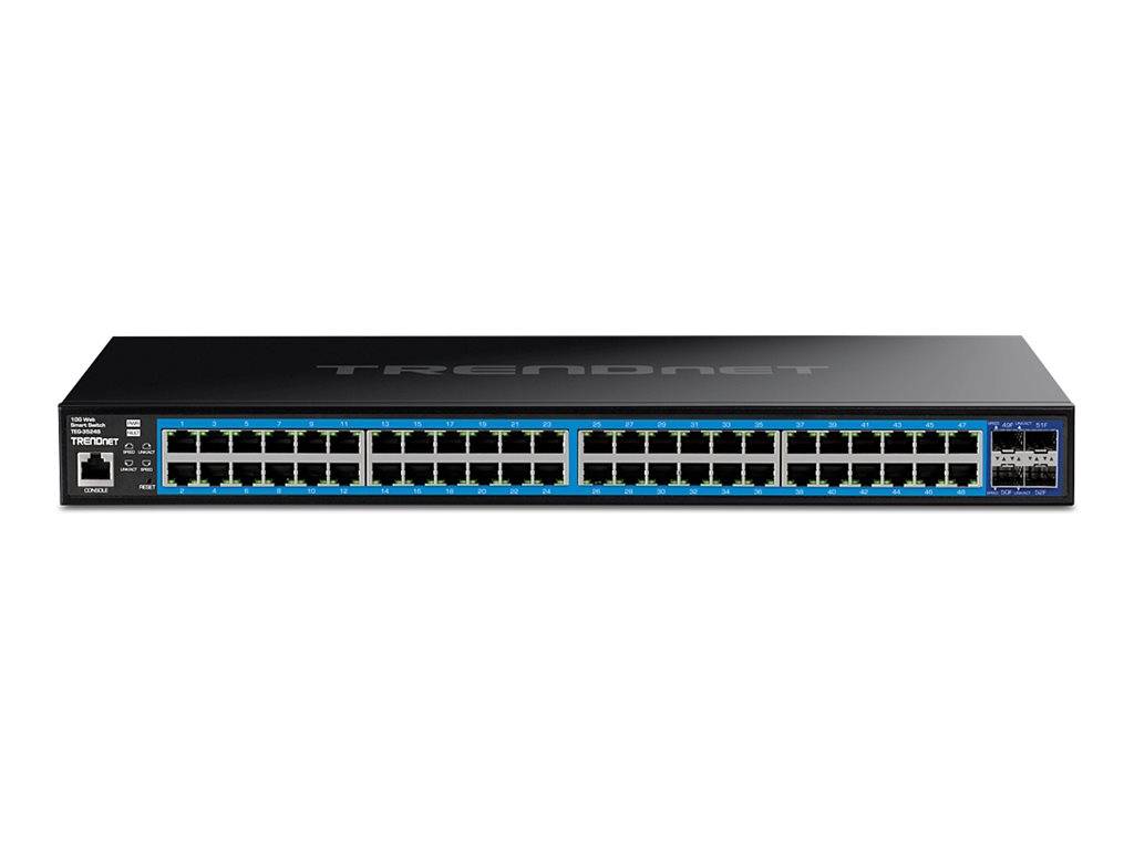 Vorderansicht eines 48-Port-Ethernet-Netzwerk-Switches mit blauen Portbeschriftungen und einem kleinen Verwaltungsport auf der linken Seite.