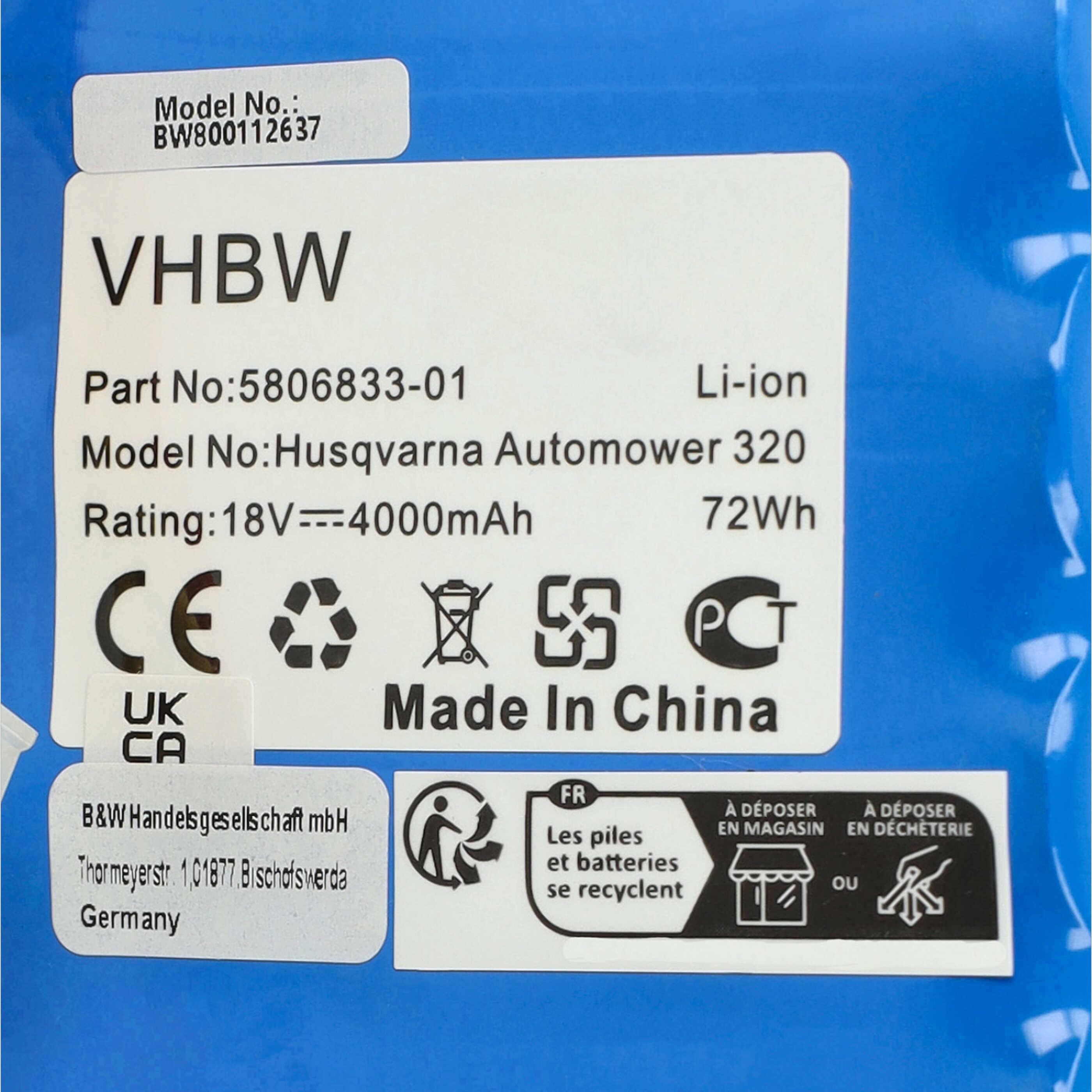 Das Etikett zeigt eine VHBW-Batterie mit der Teilenummer 5806833-01 für Husqvarna Automower 320, Nennleistung 18V–4000mAh, hergestellt in China.
