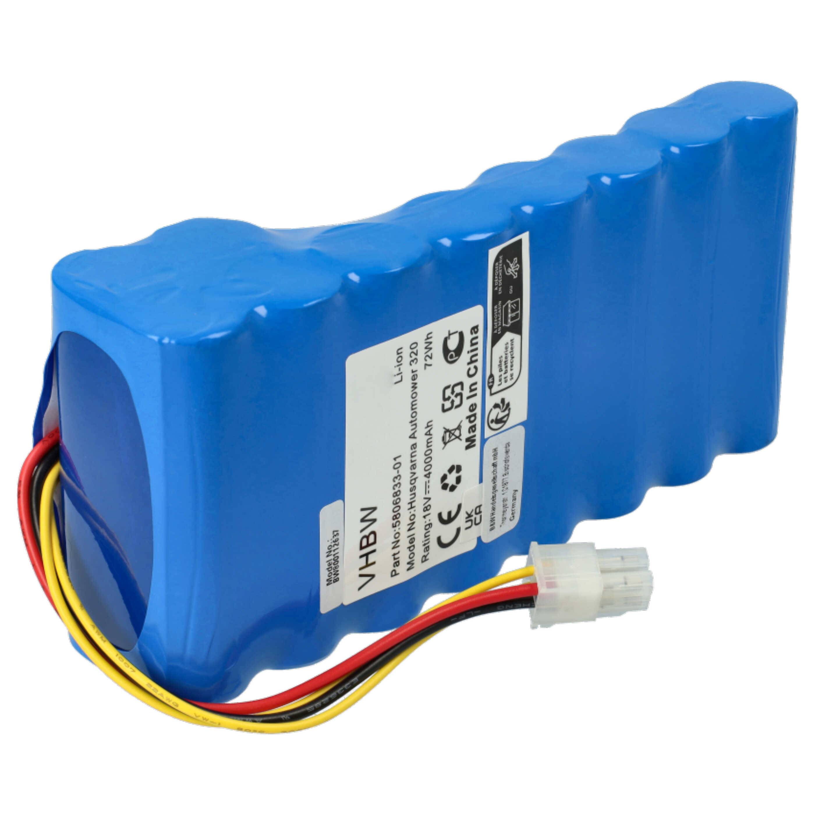 Ein blauer Lithium-Ionen-Akkupack mit mehreren Zellen, beschriftet mit technischen Spezifikationen und Sicherheitssymbolen, und mit Drähten verbunden.