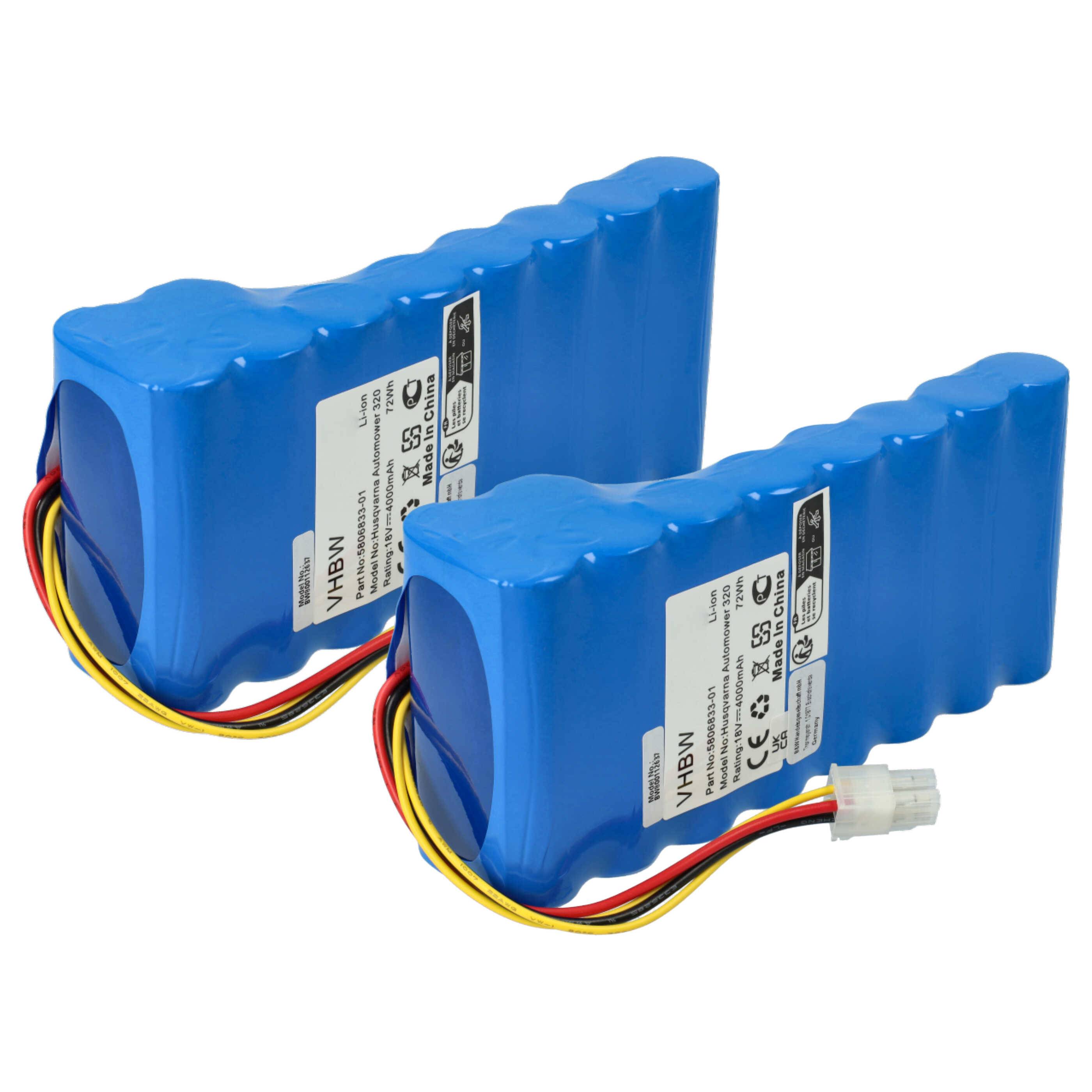 Zwei blaue wiederaufladbare Batteriepacks mit Kabeln und Etiketten, die Spannung und Kapazität anzeigen.