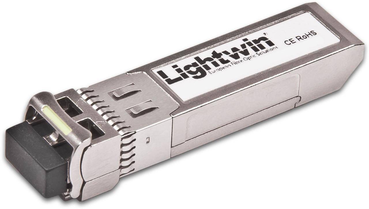 Eine Nahaufnahme eines Lightwin-Transceivers mit silbernem Gehäuse, gekennzeichnet mit „European Fiber Optic Solutions