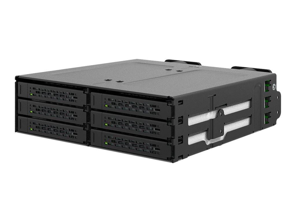 Schwarzes 4-Schacht-Rackmount-Festplattenspeicher-Gehäuse mit vorderen Laufwerk-Schlitten und seitlichen Griffen auf weißem Hintergrund