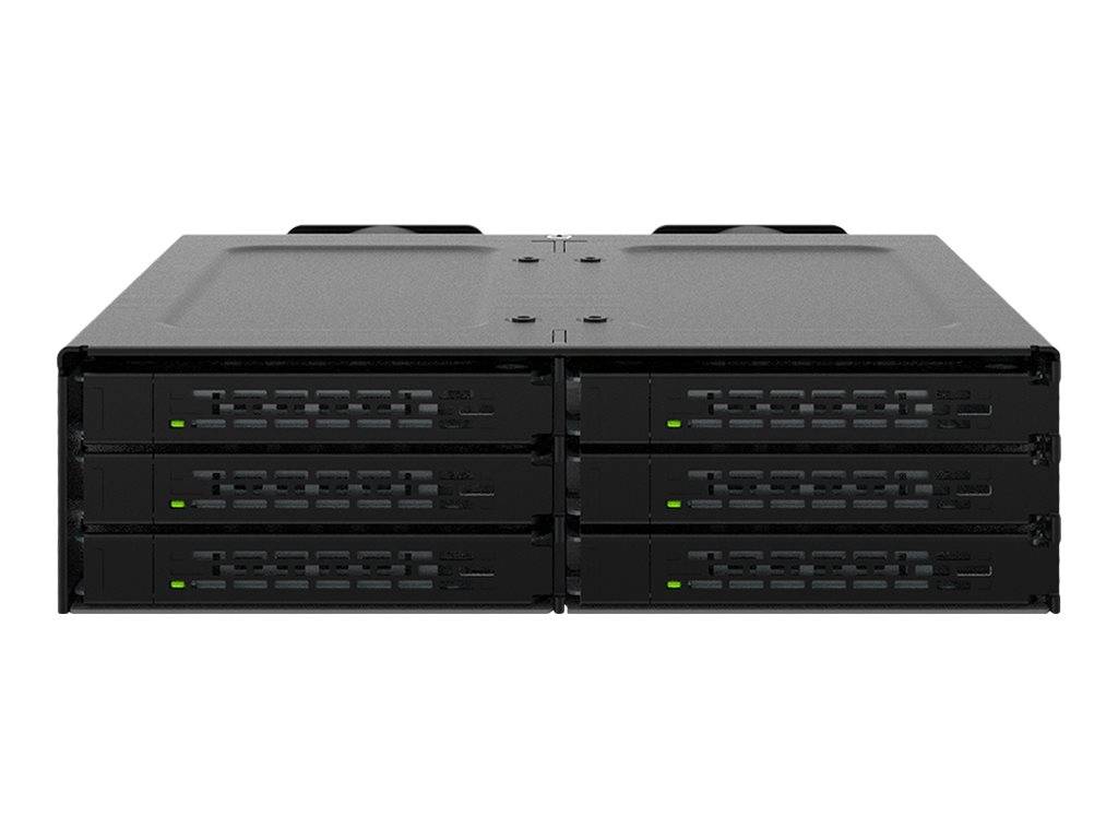 Vorderansicht eines Rack-Mount-Server-Speicherchassis mit sechs Laufwerk-Schächten und Statusleuchten auf weißem Hintergrund