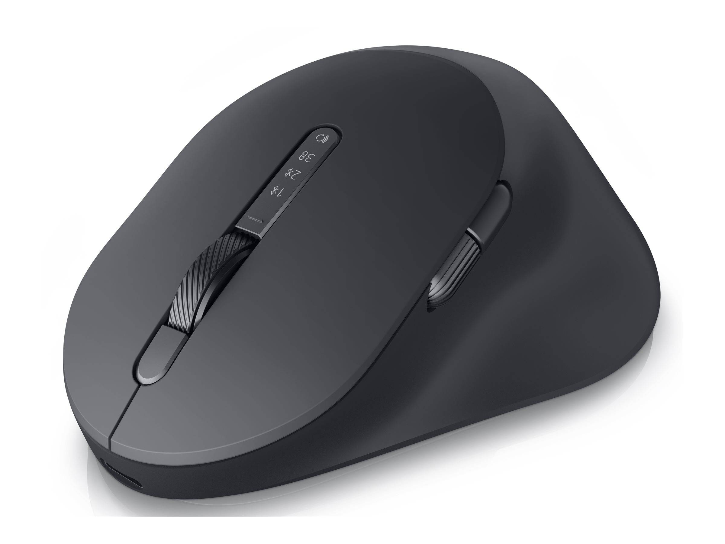Schwarze ergonomische kabellose Computermaus mit Scroll-Rad und DPI-Taste, abgebildet auf weißem Hintergrund.