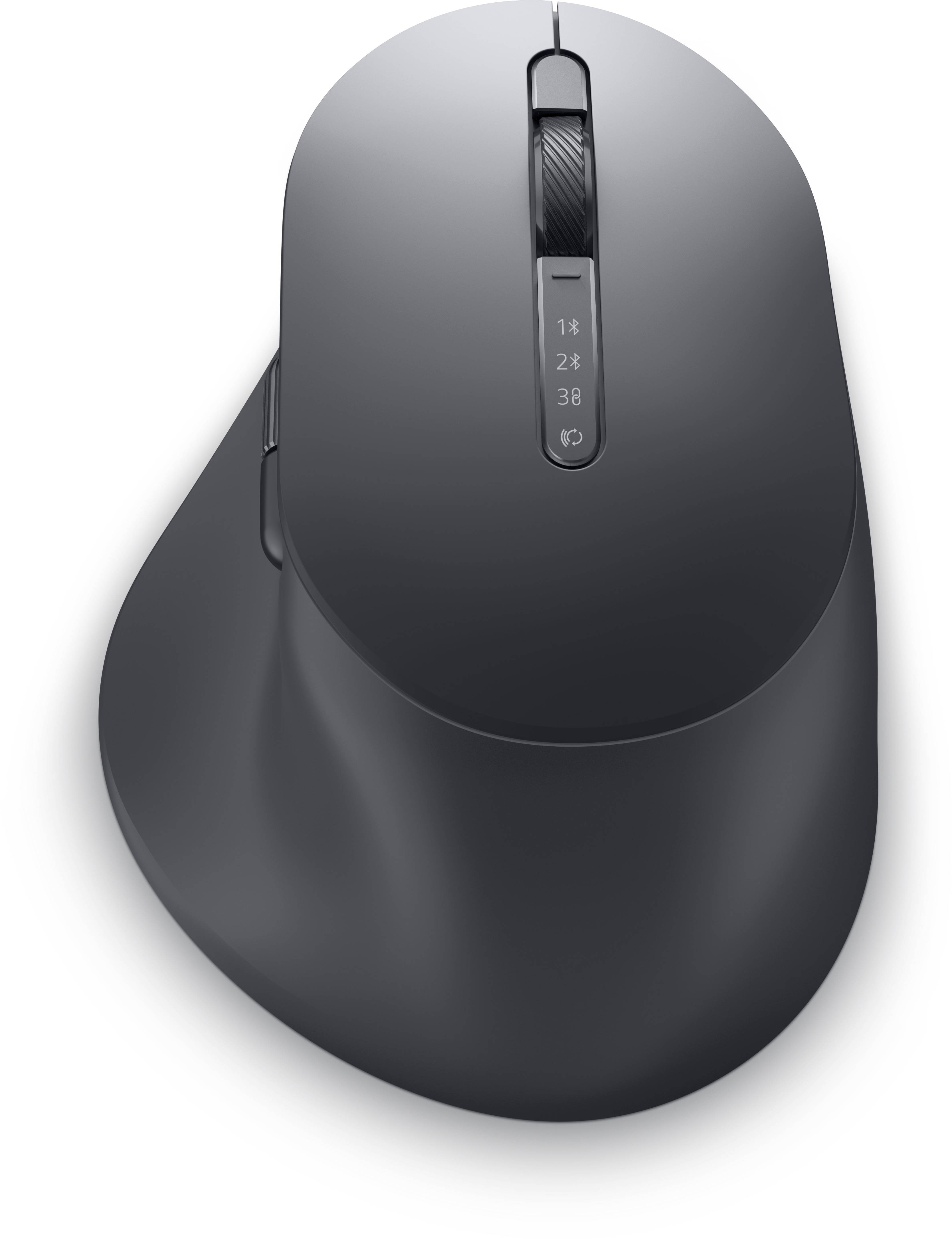 Draufsicht einer schwarzen ergonomischen kabellosen Maus mit Scrollrad und DPI-Taste, dargestellt auf weißem Hintergrund.
