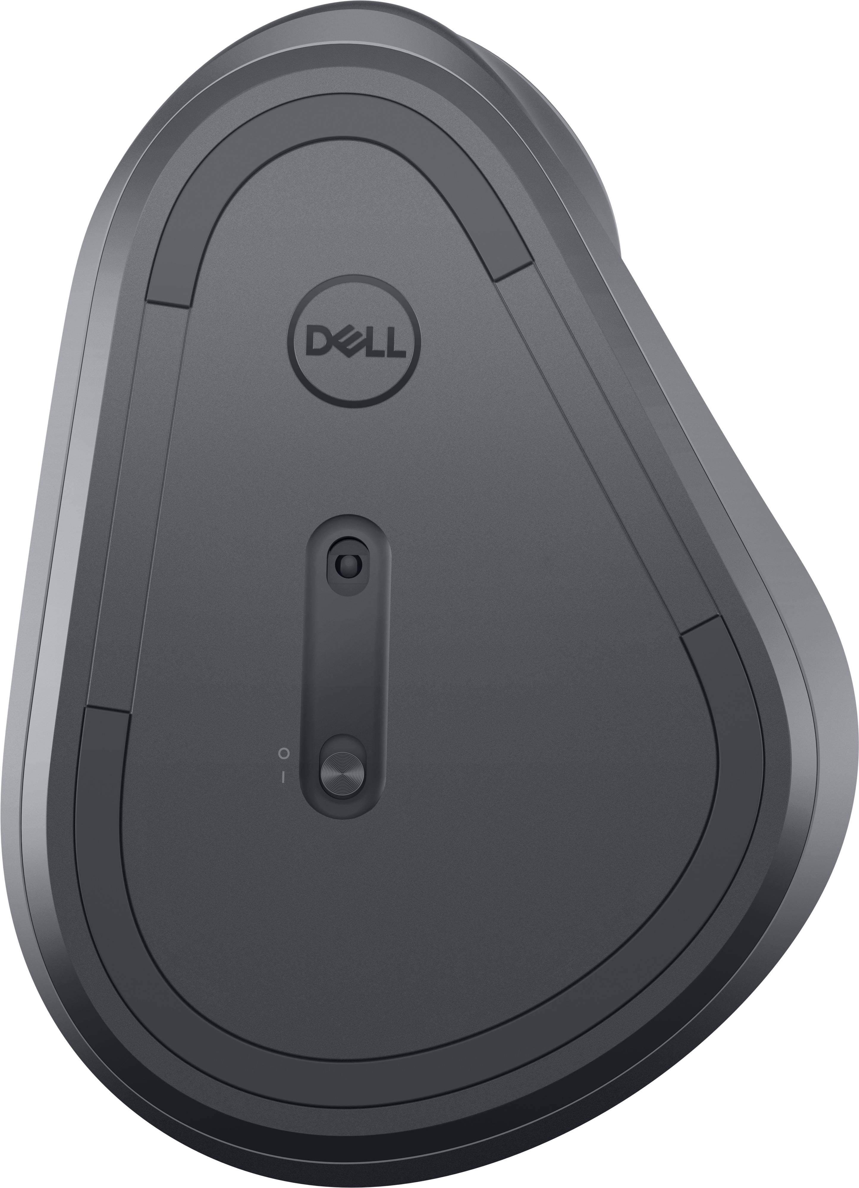 Dell birnenförmige kabellose Maus, von unten gezeigt, mit zentralem Schalter und sichtbarem Sensor.