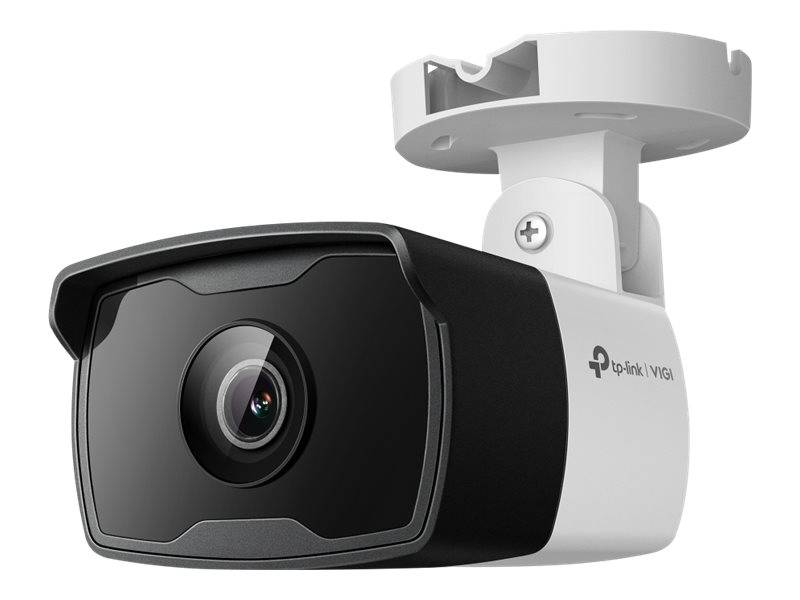 Weiße und schwarze TP-Link VIGI-Sicherheitskamera auf einer Deckenbefestigung montiert, in Produktansicht mit nach vorne gerichteter Linse dargestellt.