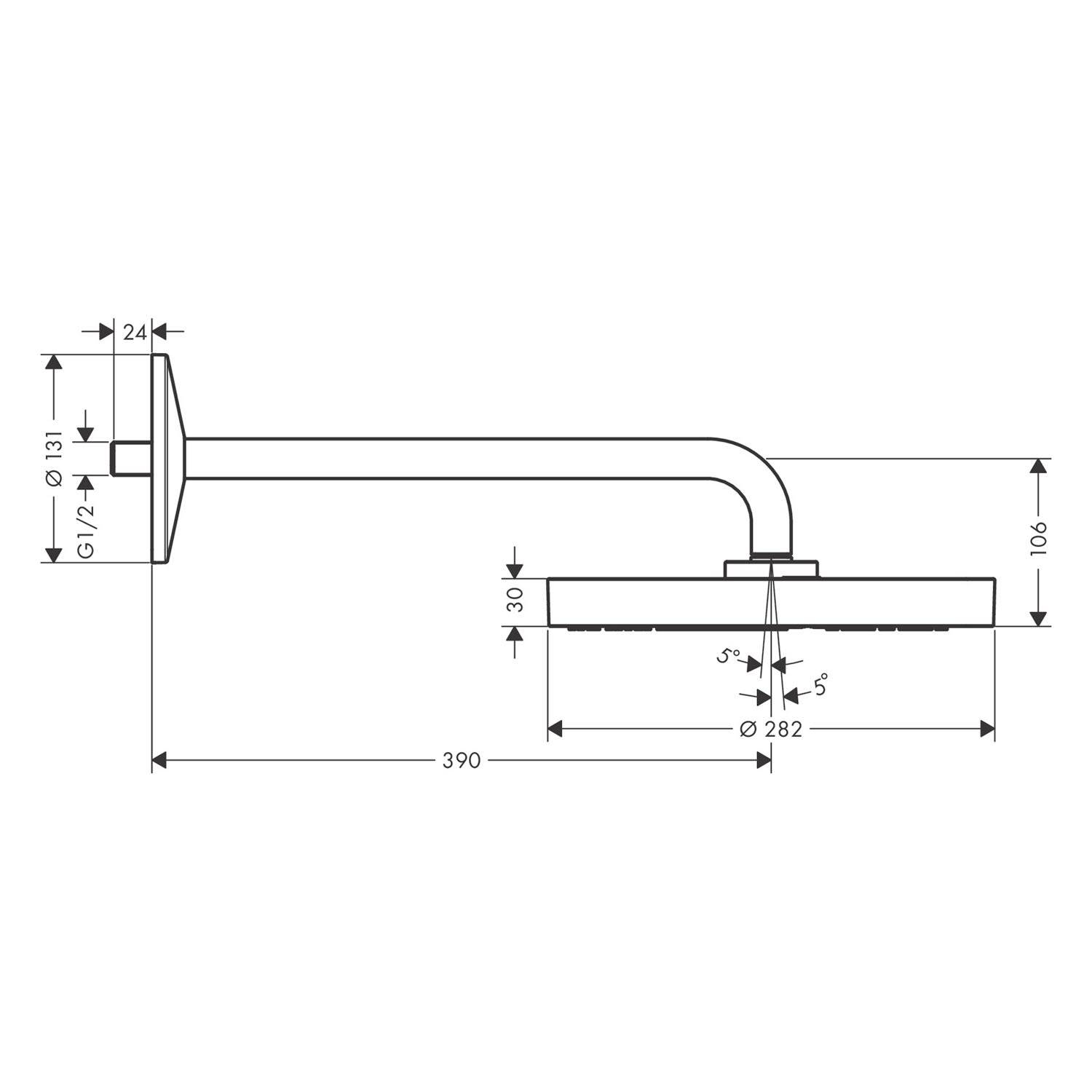 Technische Strichzeichnung eines wandmontierten Duscharms mit rundem Duschkopf und beschrifteten Maßen, einschließlich einer Länge von 390 mm und einem Kopfdurchmesser von 282 mm.