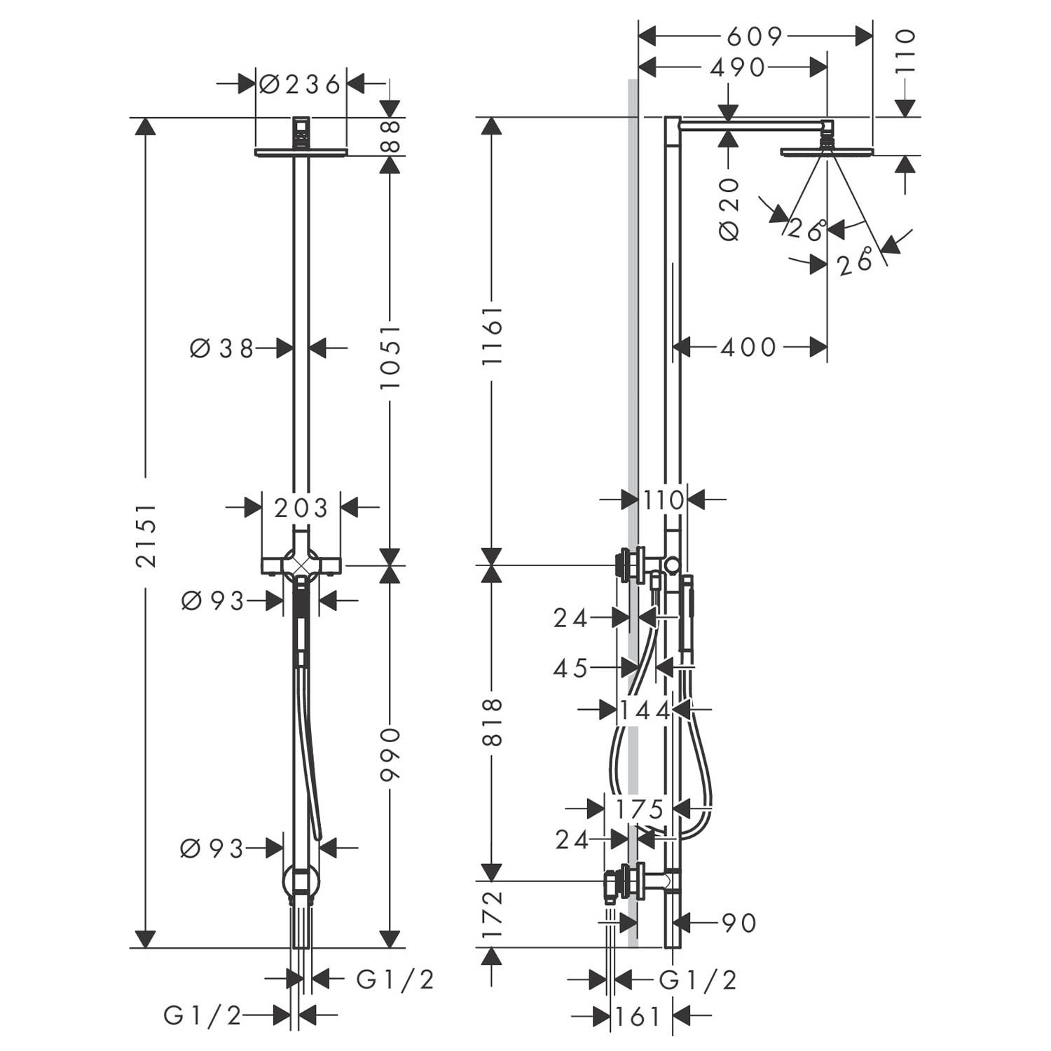 Technische Zeichnung einer montierten Rohr-/Armaturen-Baugruppe mit Seiten- und Vorderansichten, die Abmessungen, Durchmesser und G1/2-Anschlüsse zeigt.