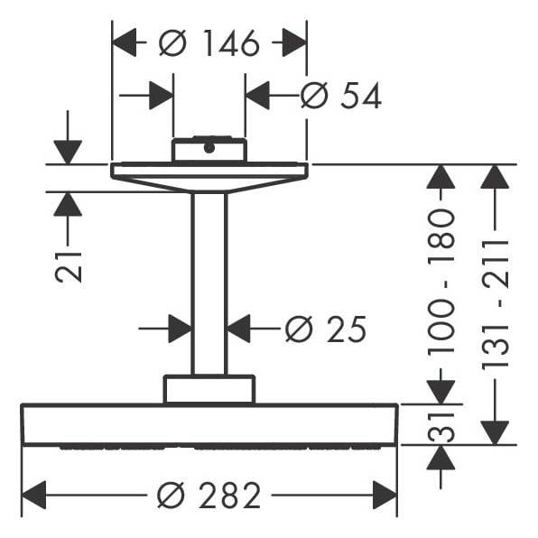 Technische Maßzeichnung einer Ständer- oder Tischgestell-Basis mit Gesamtbreiten, Durchmessern und Höhen, angegeben in Millimetern: Ø146, Ø54, Ø25, Ø282, 21, 31, 100-180 und 131-211.