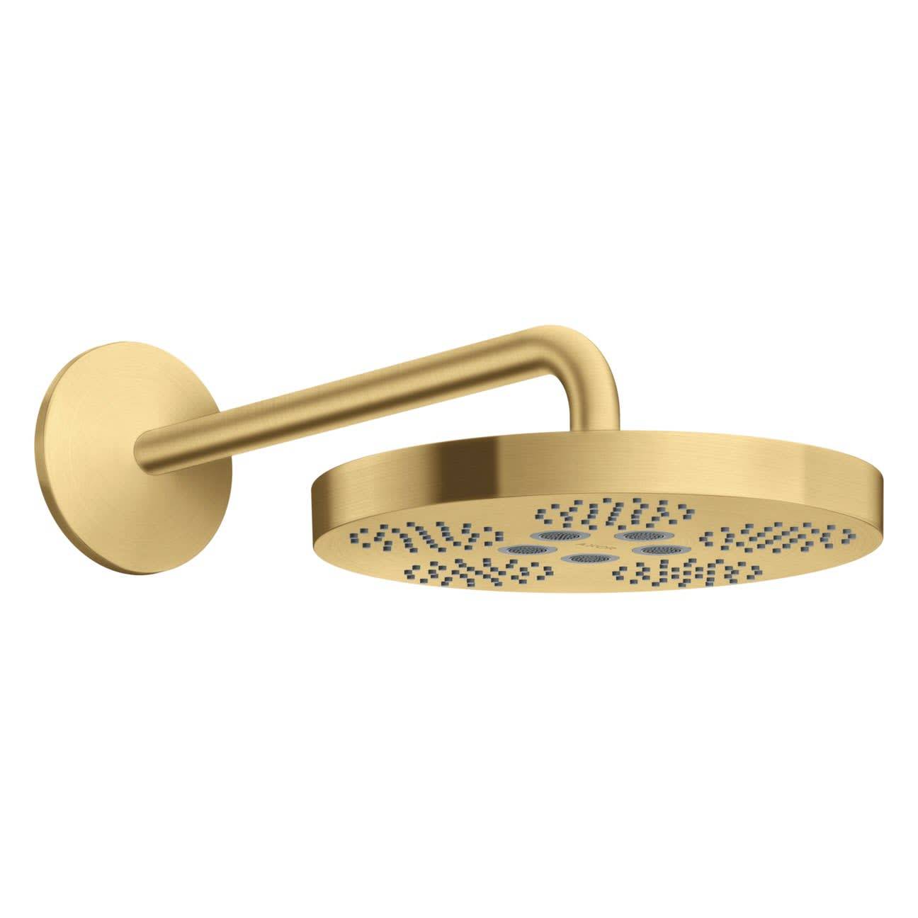 Goldene wandmontierte runde Regenduschkopf auf einem Arm, im Profil vor weißem Hintergrund dargestellt.