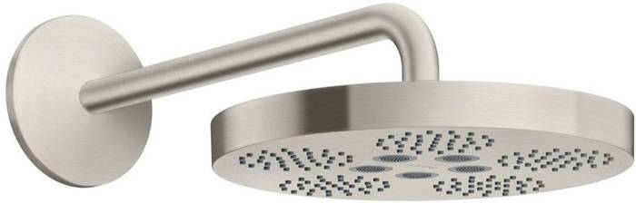 Wandmontierter Regenduschkopf aus gebürstetem Metall mit rundem Sprühkopf und geschwungenem Arm.