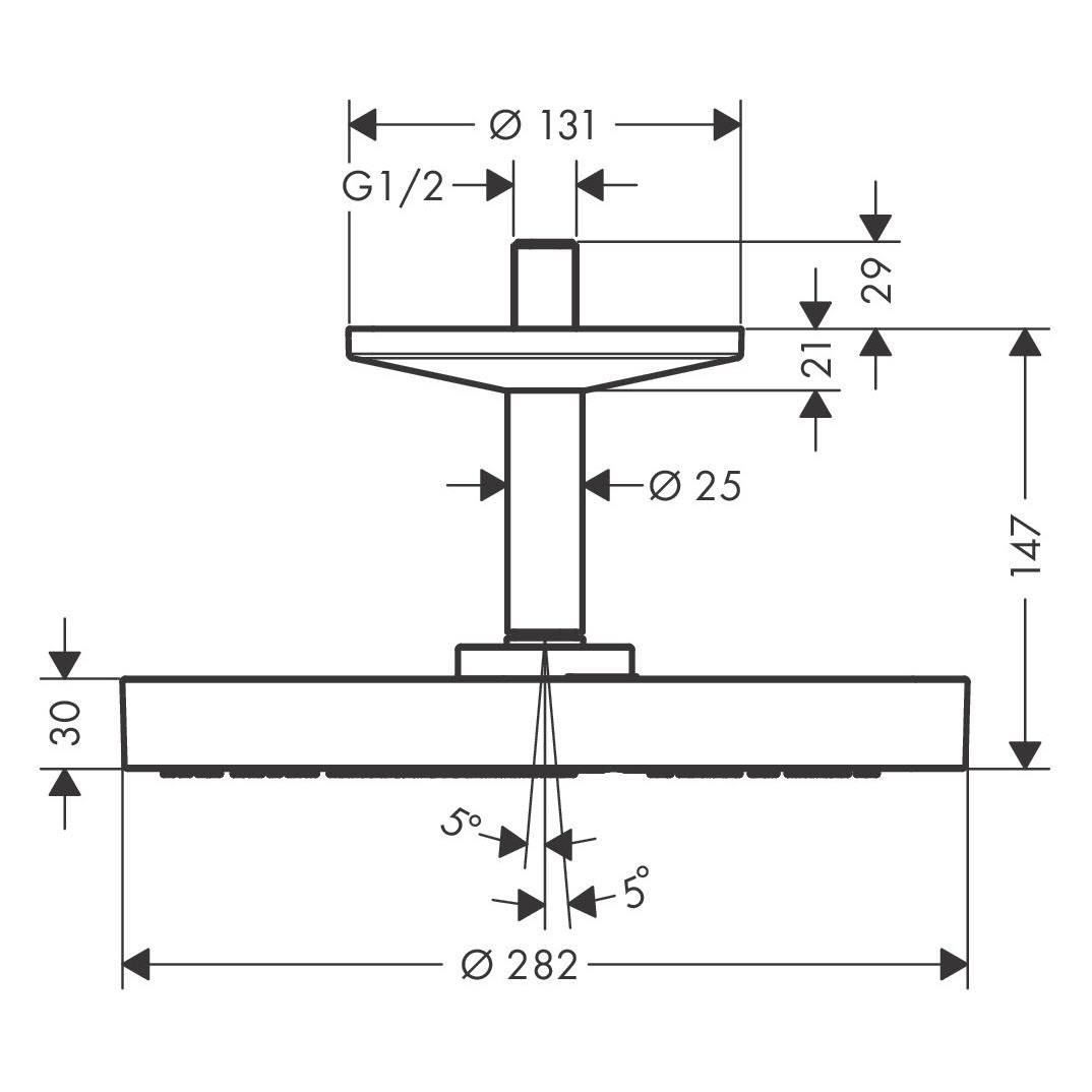 Technische Maßzeichnung eines Deckenduschkopfs mit zentralem Rohr, zeigend Gesamtgröße, Durchmesser, Gewinde G1/2, und Sprühwinkel-Abmessungen.