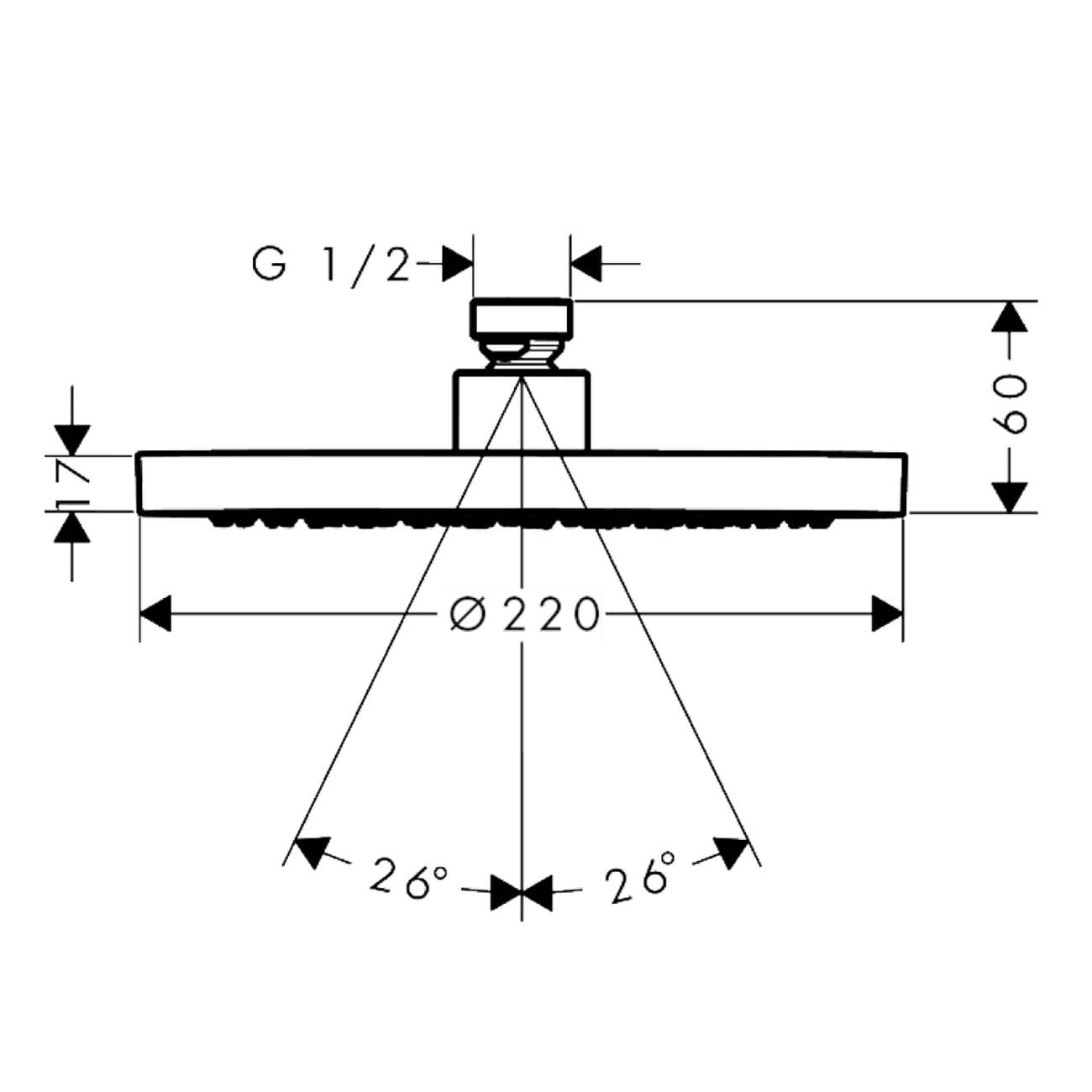 Technische Zeichnung eines runden Duschkopfes, beschriftet mit G 1/2, Ø220, 60, 7 und 26° auf beiden Seiten mit Abmessungen und Sprühwinkel.