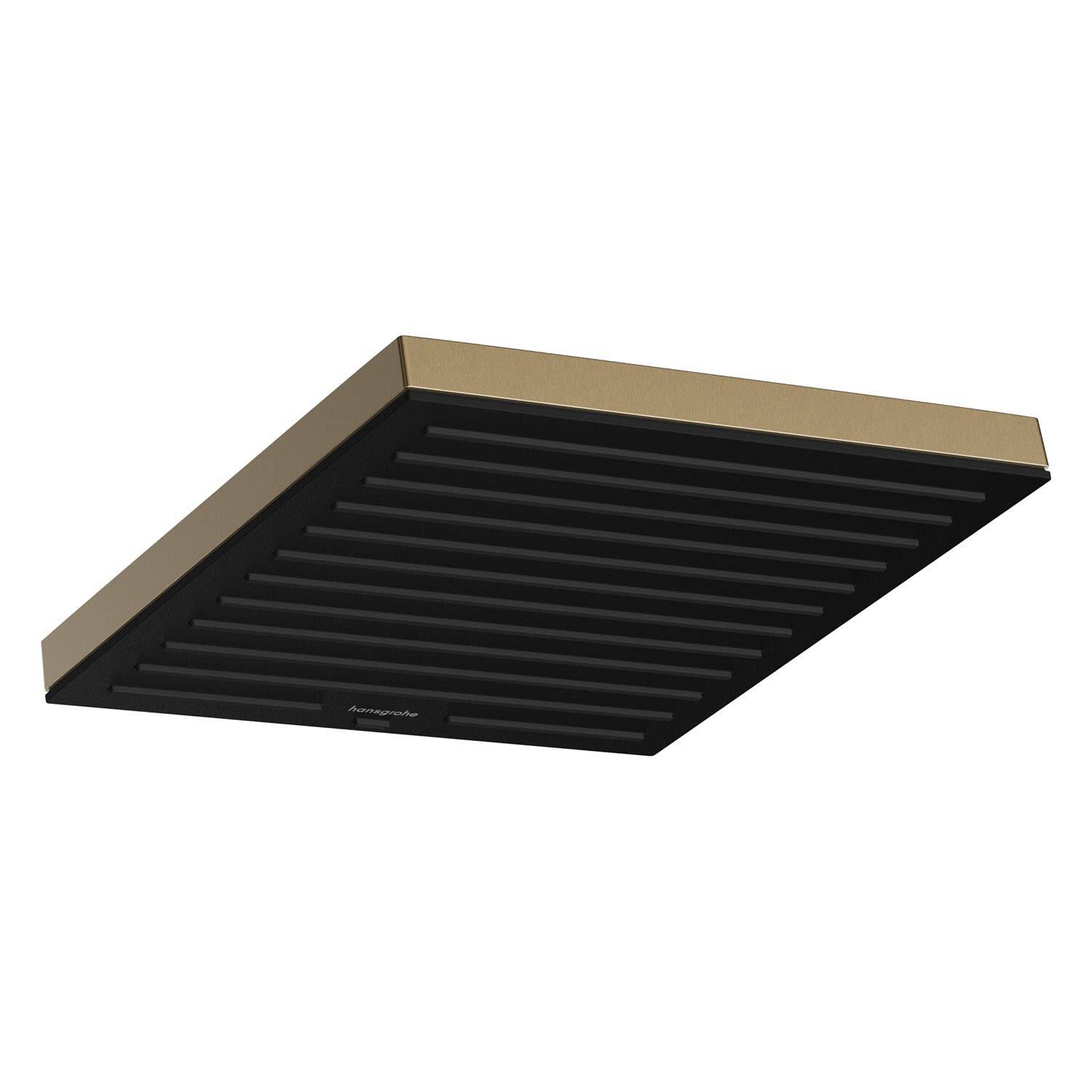 Modernes rechteckiges schwarzes Deckenleuchten-Fixture mit Goldverzierung, von unten auf weißem Hintergrund gezeigt.
