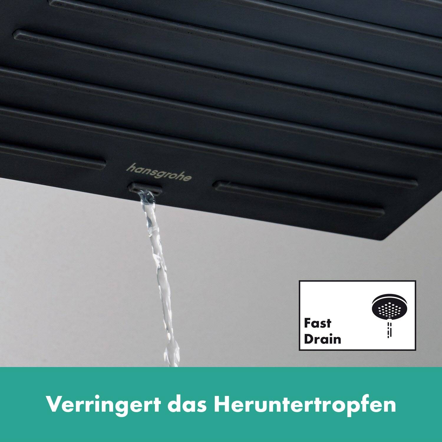 Schwarzer Hansgrohe-Duschkopf mit ausfließendem Wasser und einem „Fast Drain