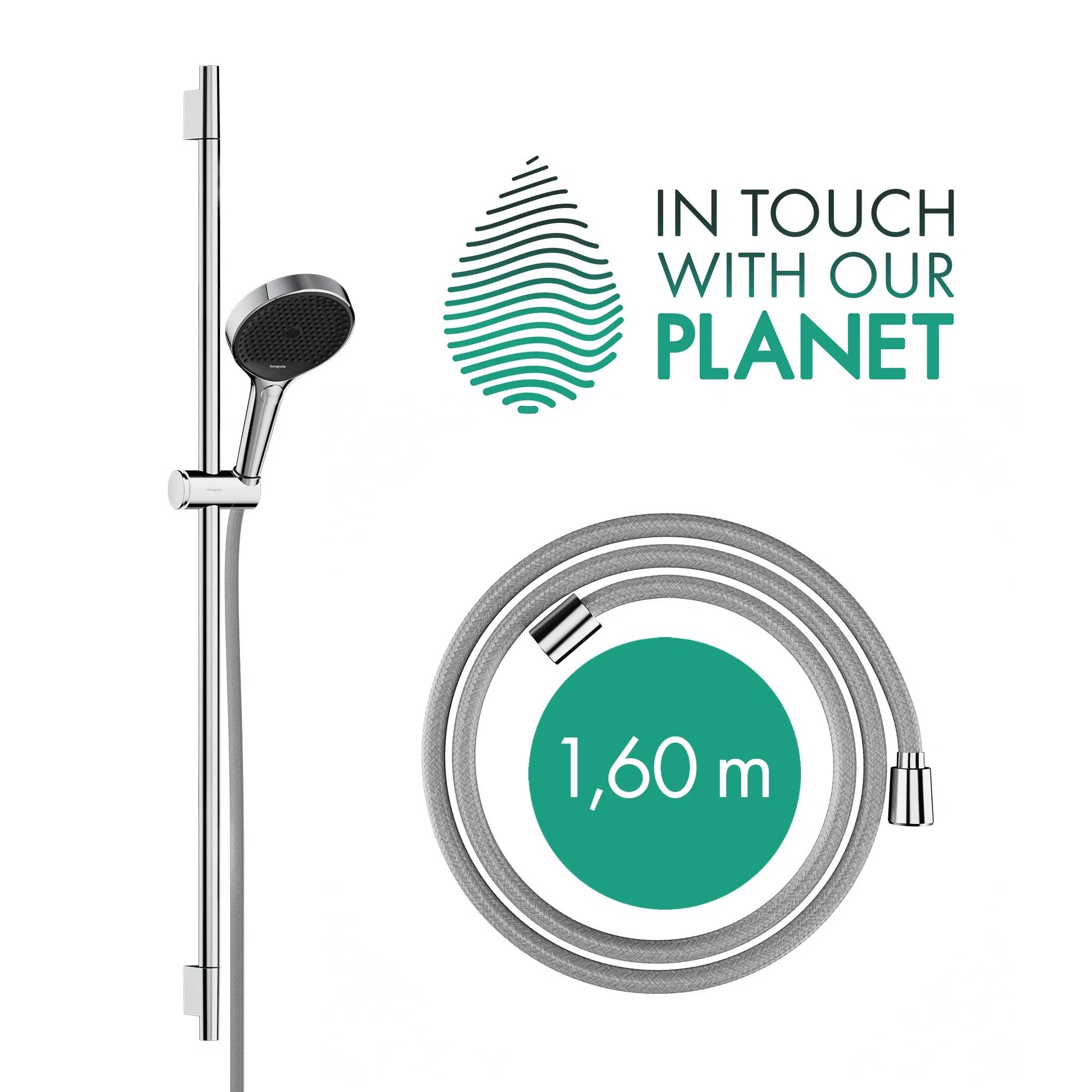 Duschkopf-Produktgrafik mit Öko-Logo und Slogan „IN BERÜHRUNG MIT UNSEREM PLANETEN