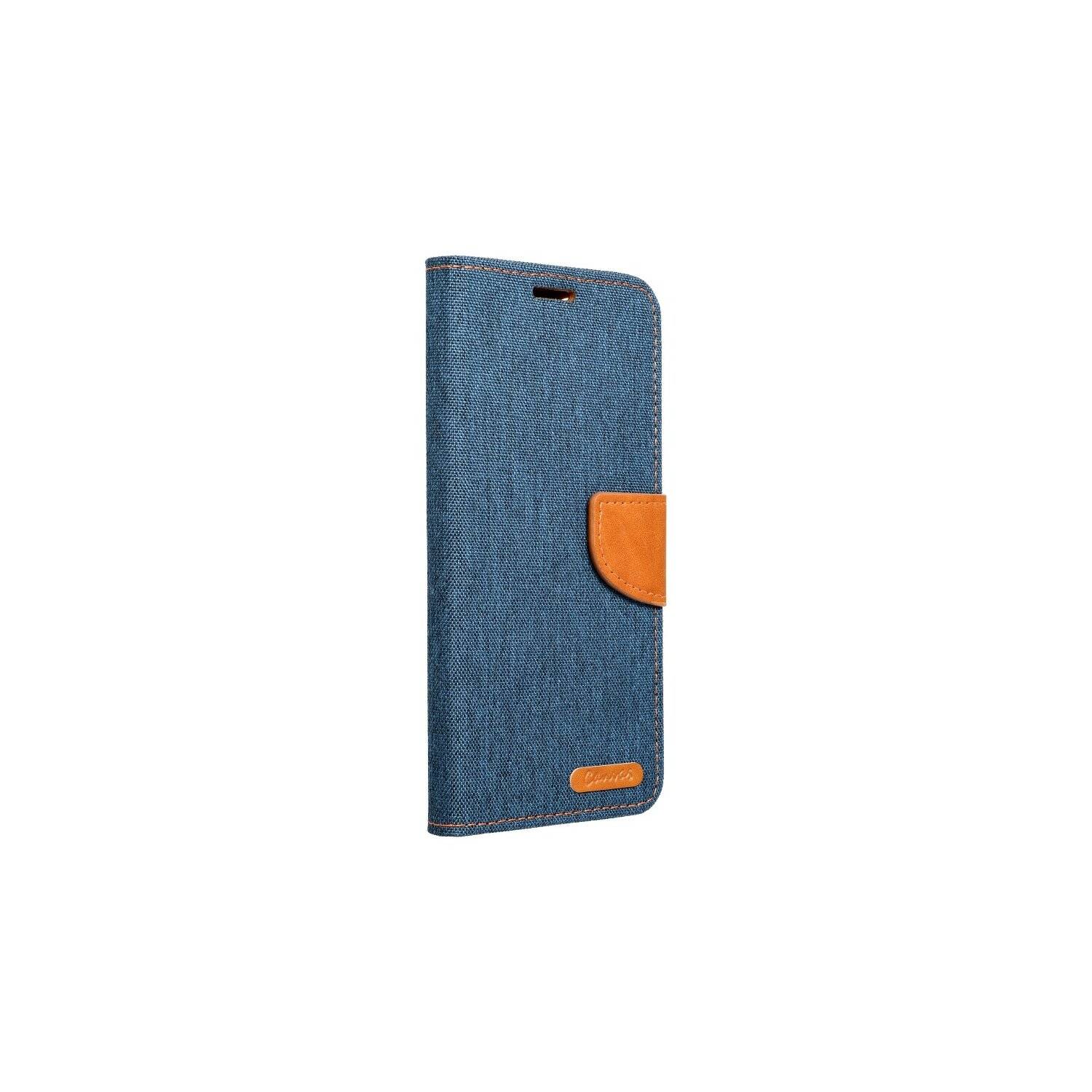Elegante Buch-Tasche Hülle Fancy "Canvas"Book-Style Kartenfächer Wallet Schale kompatibel mit iPhone 14 Plus Dunkelblau