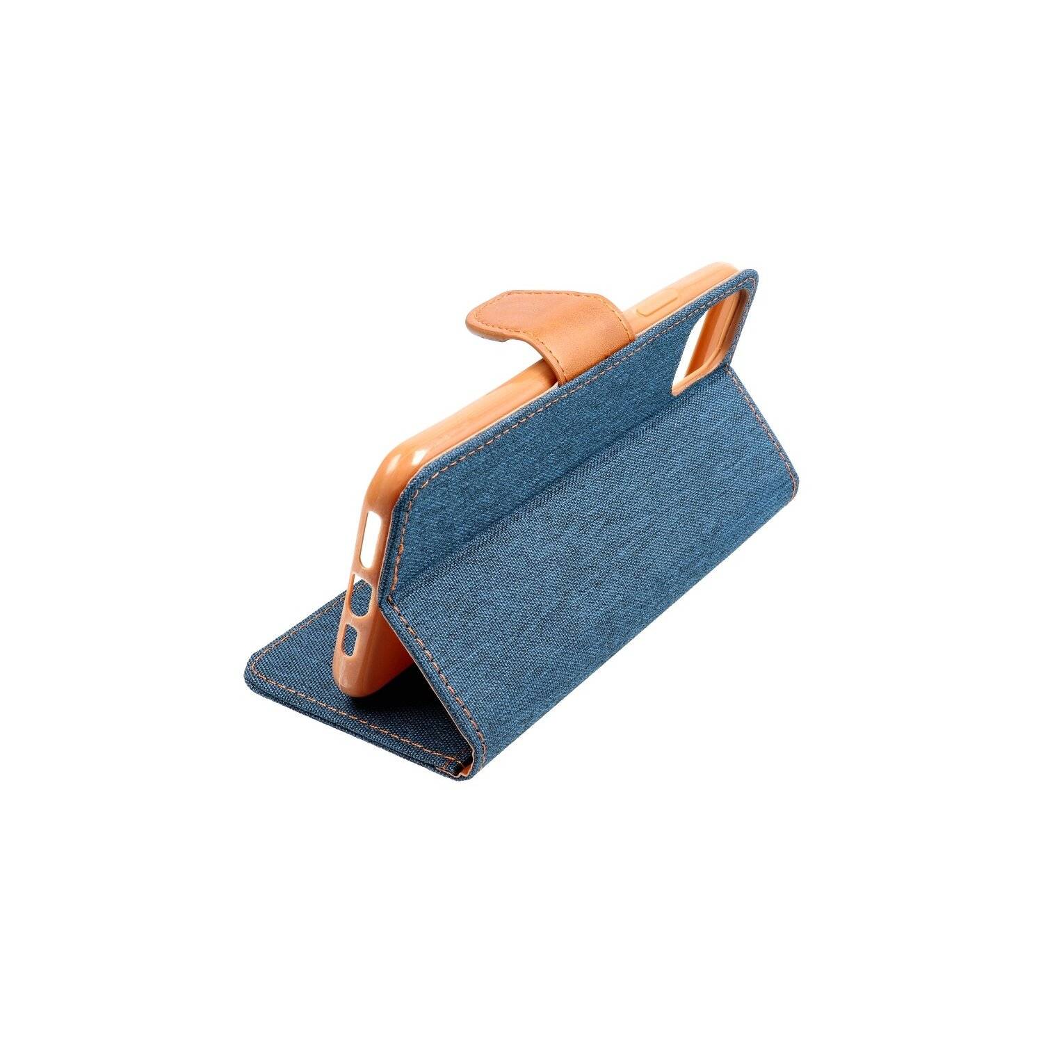 Elegante Buch-Tasche Hülle Fancy "Canvas"Book-Style Kartenfächer Wallet Schale kompatibel mit iPhone 14 Plus Dunkelblau