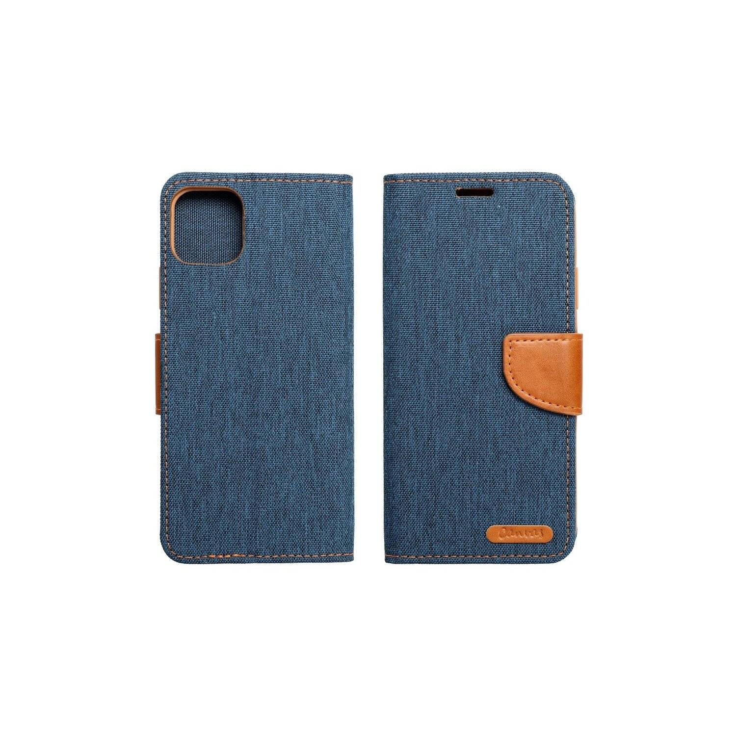 Elegante Buch-Tasche Hülle Fancy "Canvas"Book-Style Kartenfächer Wallet Schale kompatibel mit iPhone 14 Plus Dunkelblau