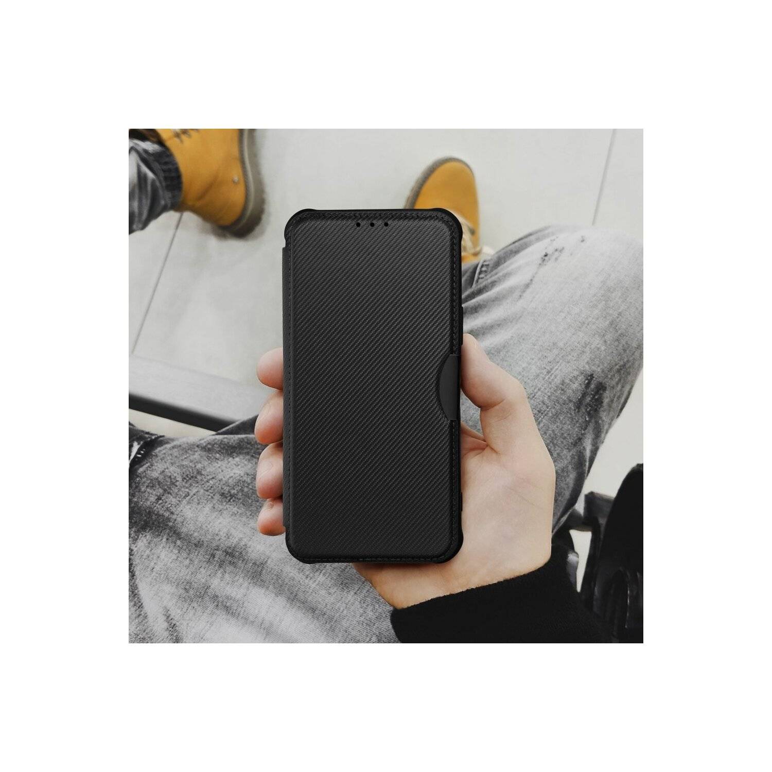 Handy Tasche "Razor" Buchtasche Hülle Magnet Carbon-Cover Kameraschutz kompatibel mit iPhone 14 Plus Schwarz