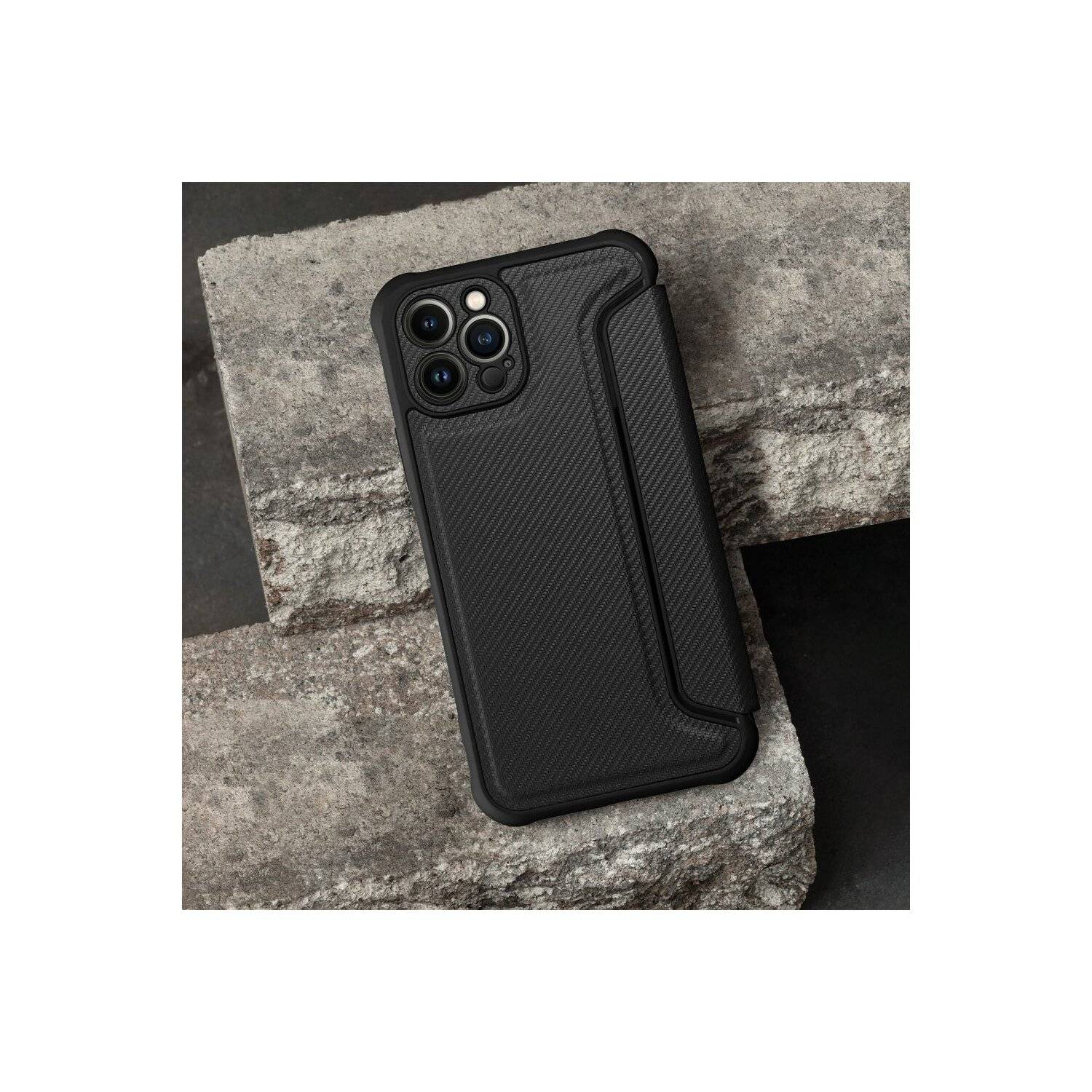 Handy Tasche "Razor" Buchtasche Hülle Magnet Carbon-Cover Kameraschutz kompatibel mit iPhone 14 Plus Schwarz
