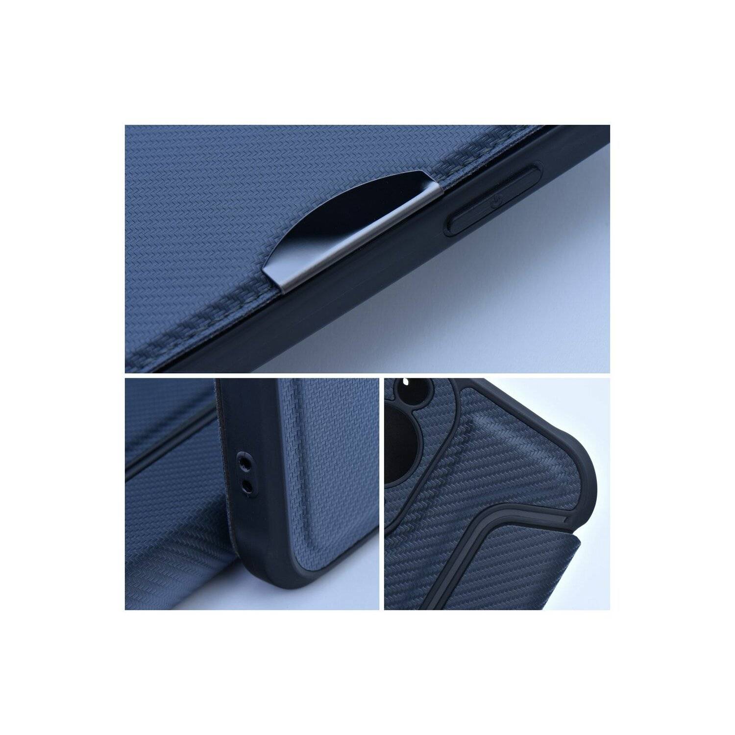 Handy Tasche "Razor" Buchtasche Hülle Magnet Carbon-Cover Kameraschutz kompatibel mit iPhone 14 Plus Blau
