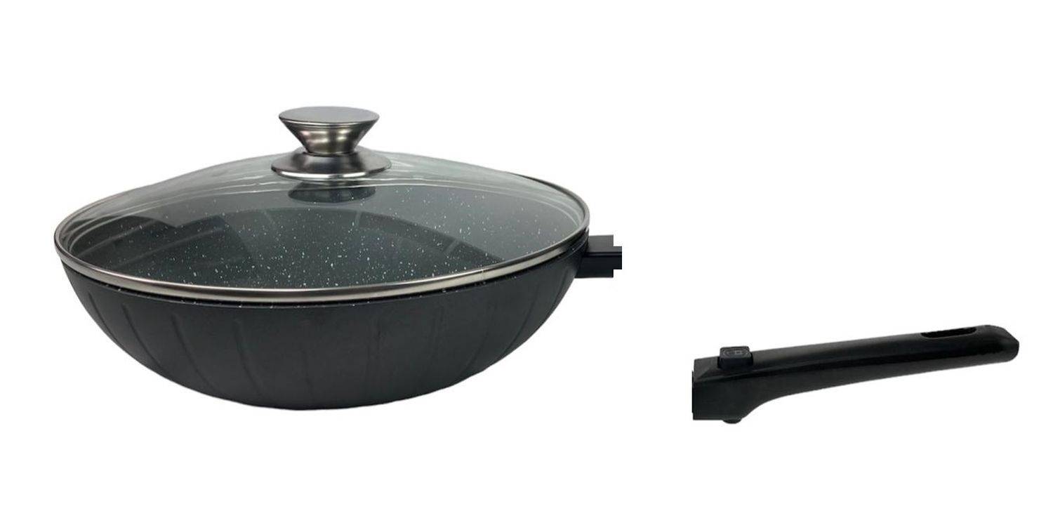 WOK-Pfanne abnehmbarer Griff 32cm Induktion Deckel Anti Haft Bratpfanne Marmor
