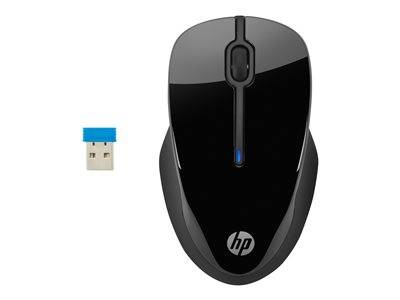 Schwarze kabellose HP-Maus mit USB-Empfänger, mit schlankem Design und HP-Logo, geeignet für komfortable Computernavigation.