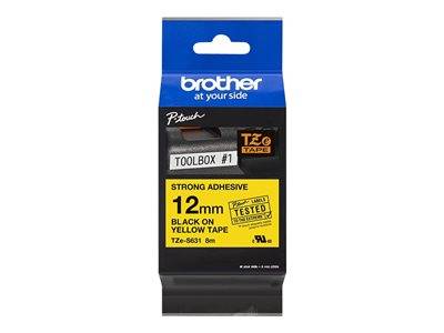 Packung Brother TZe-561 Band, schwarz auf gelb, 12mm, 8m lang, starker Klebstoff, geeignet für Beschriftungszwecke.