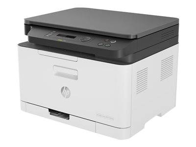 Ein kompakter, moderner Laserdrucker mit weißem Gehäuse und schwarzer Oberseite. Die Bedienungstafel verfügt über Tasten und ein kleines Display-Bildschirm.
