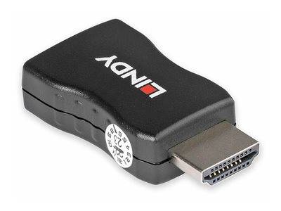 Ein schwarzer HDMI-Anschluss mit dem Markennamen 'Lindy' in weißen und roten Buchstaben an der Seite.