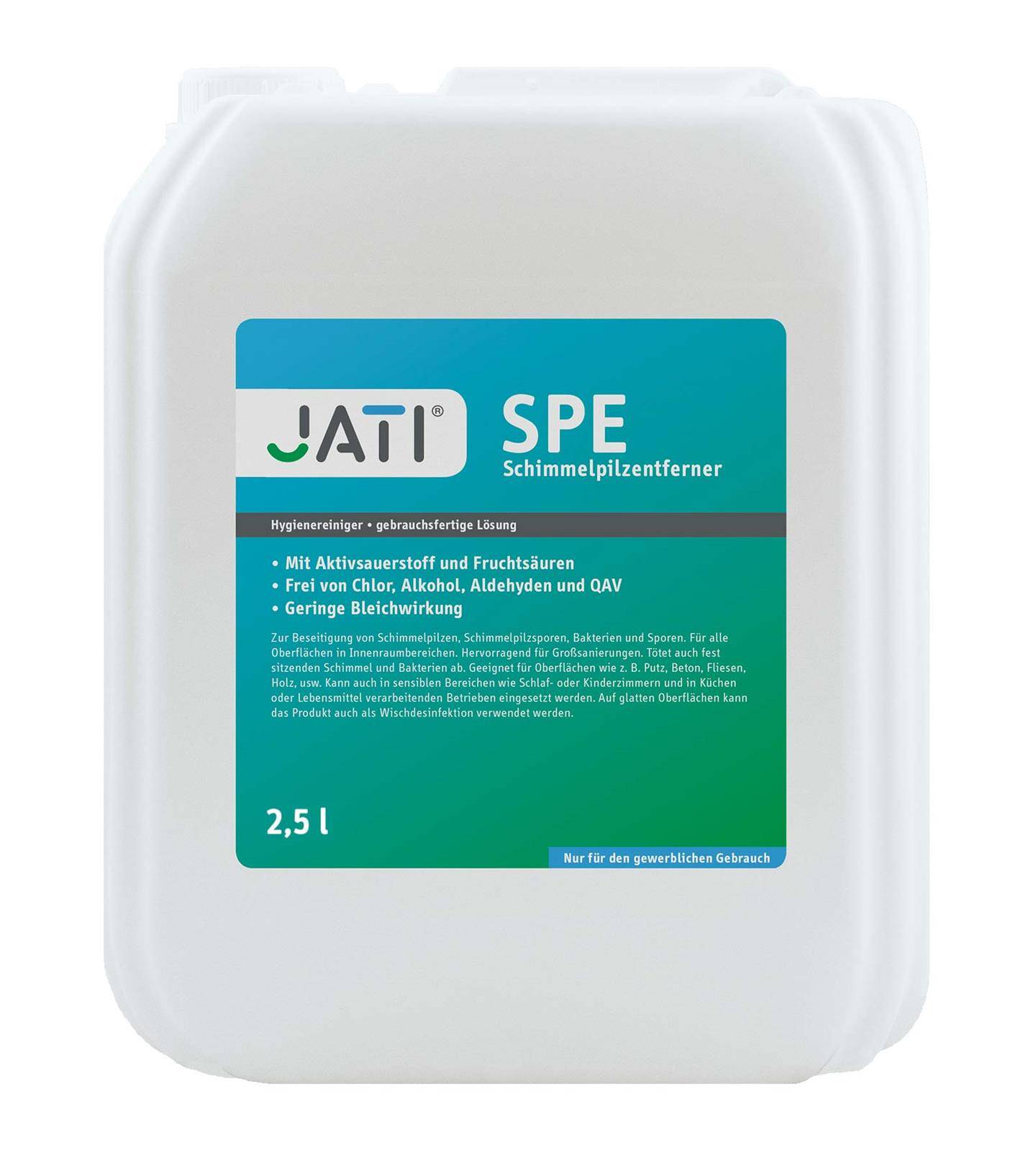 Weißer 2,5-Liter-Kunststoffbehälter mit der Bezeichnung „JATI SPE