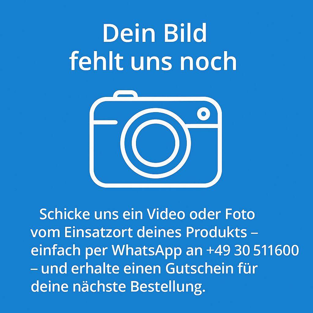 Blaue Platzhalter-Grafik mit Kamerasymbol und deutschem Text, der um ein Foto oder Video des Produkts bei der Verwendung per WhatsApp bittet, um einen Gutschein für die nächste Bestellung zu erhalten.