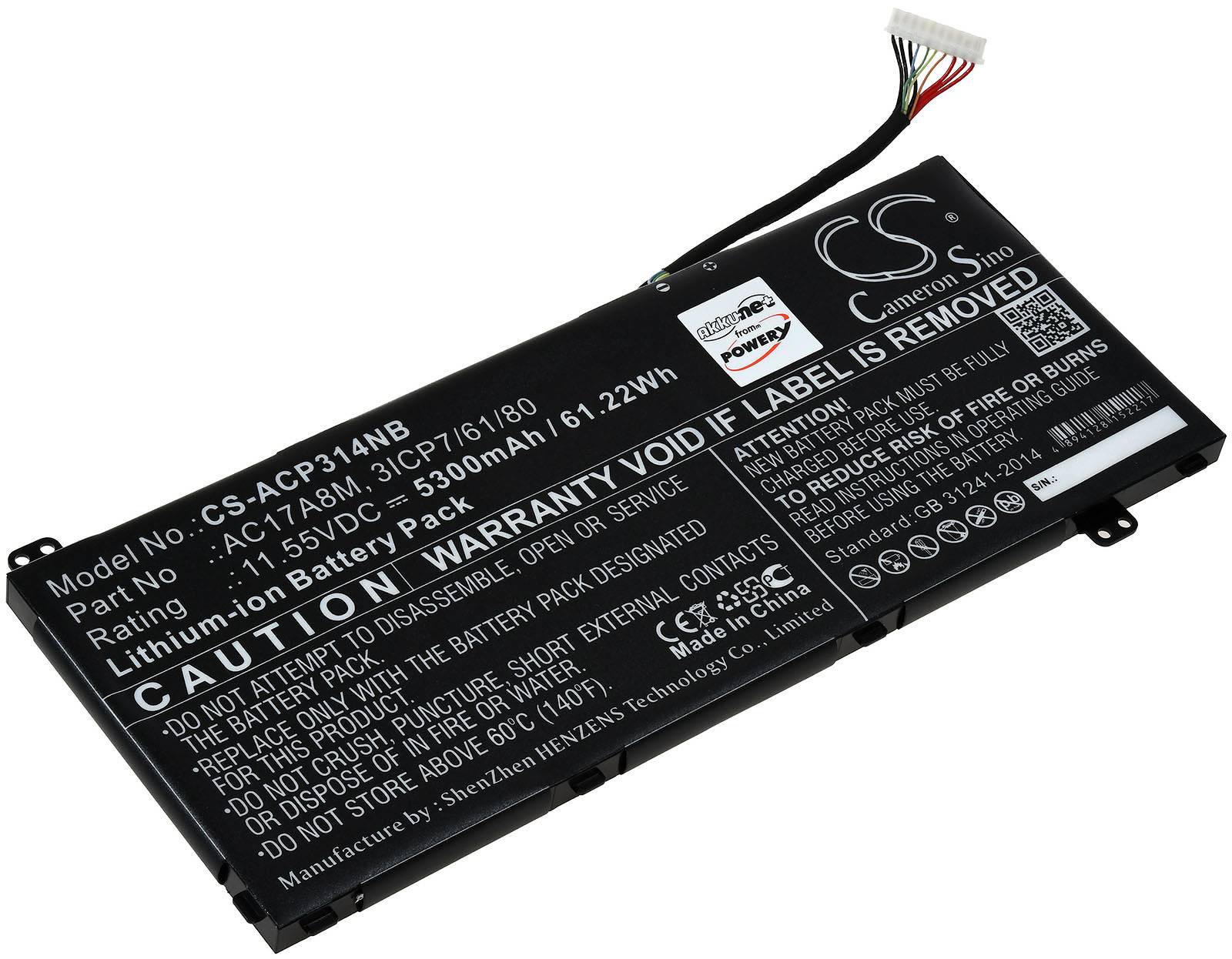 Powery Akku passend für Laptop Acer TravelMate X3410-M-50AR, Spin 3 SP314-52-599W, Typ AC17A8M, 11,55V, Li-Ion