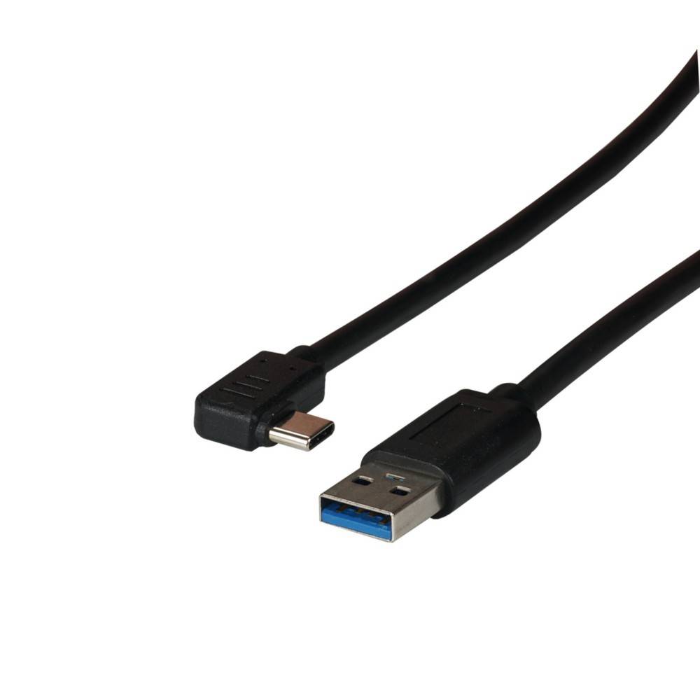 Ein schwarzes USB 3.0-Kabel mit einem USB-A-Anschluss auf der einen Seite und einem Micro-B-Anschluss auf der anderen Seite, verwendet zur Datenübertragung und zum Laden.
