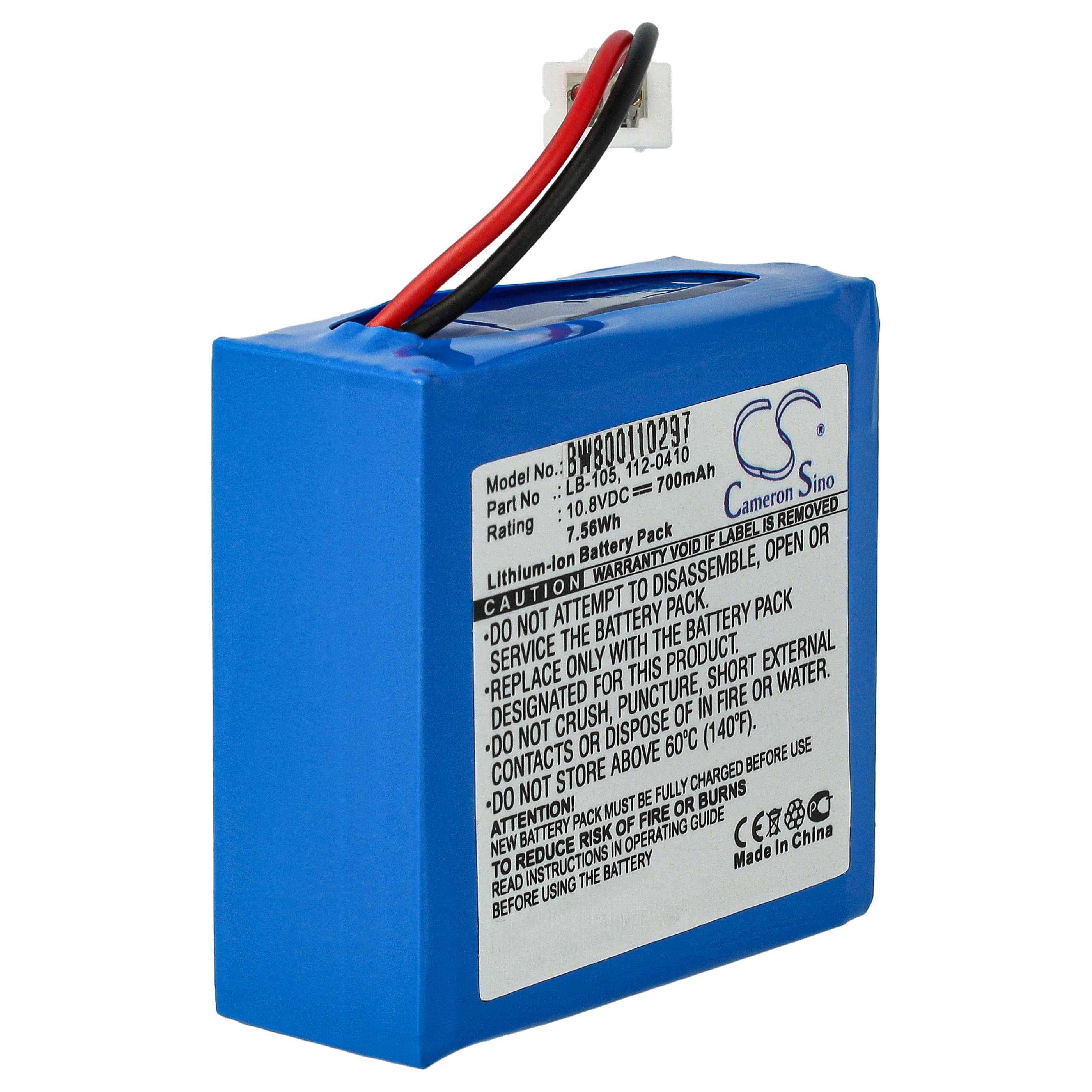 Ein blauer Lithium-Ionen-Akkupack mit einem Etikett, das Spezifikationen und Sicherheitswarnungen anzeigt.